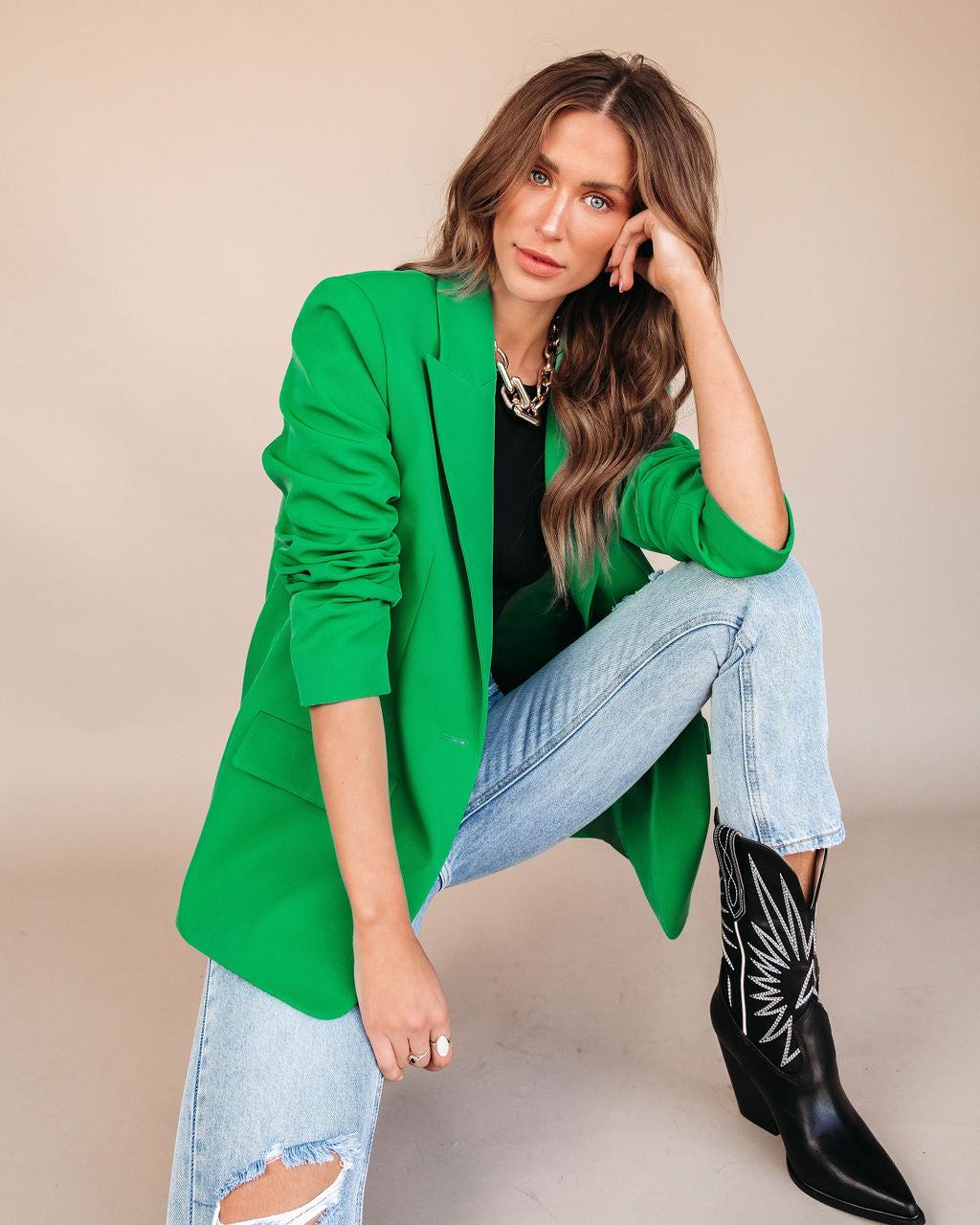 Makayla Pocketed Blazer - Green - Se7enfashion