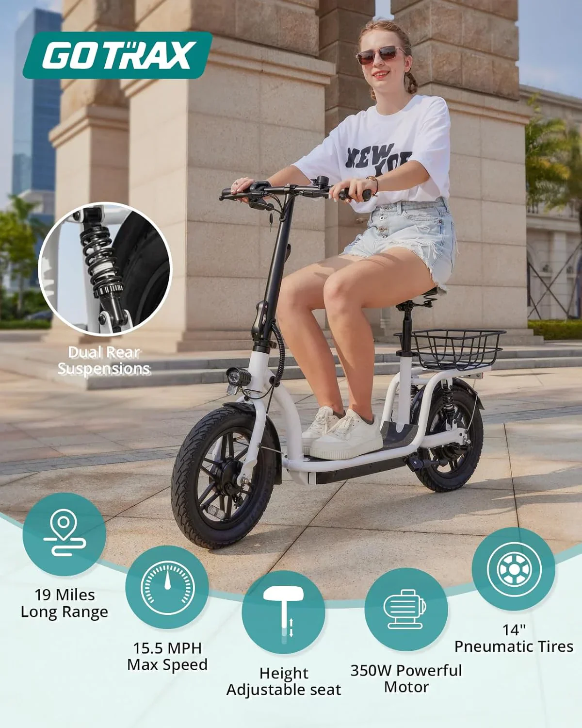 Gotrax adult electric scooter with seat maximum range of 19-25 miles all-terrain tires wide pedals