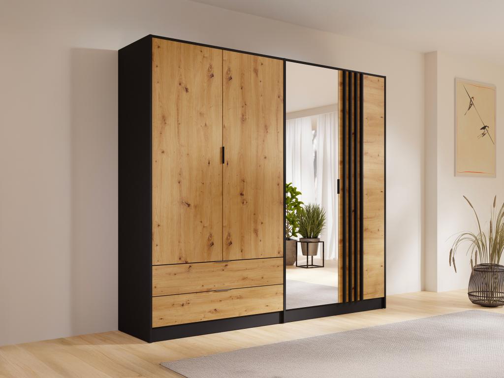 Armario 4 puertas y 2 cajones con espejo - l220 cm - negro y natural
