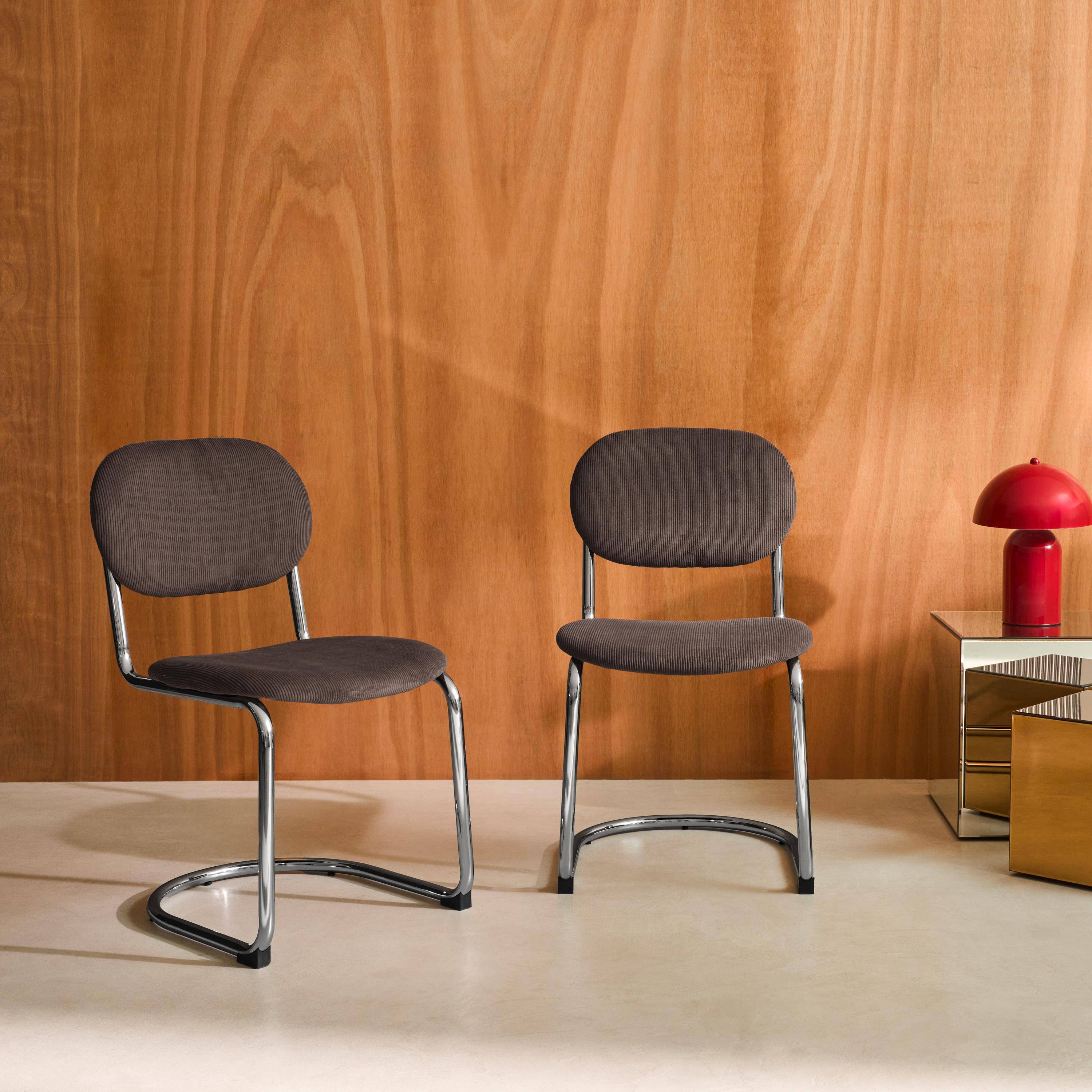 Maloa pana - Silla cantilever redondeada de metal, pana y patas cromadas, set de 2