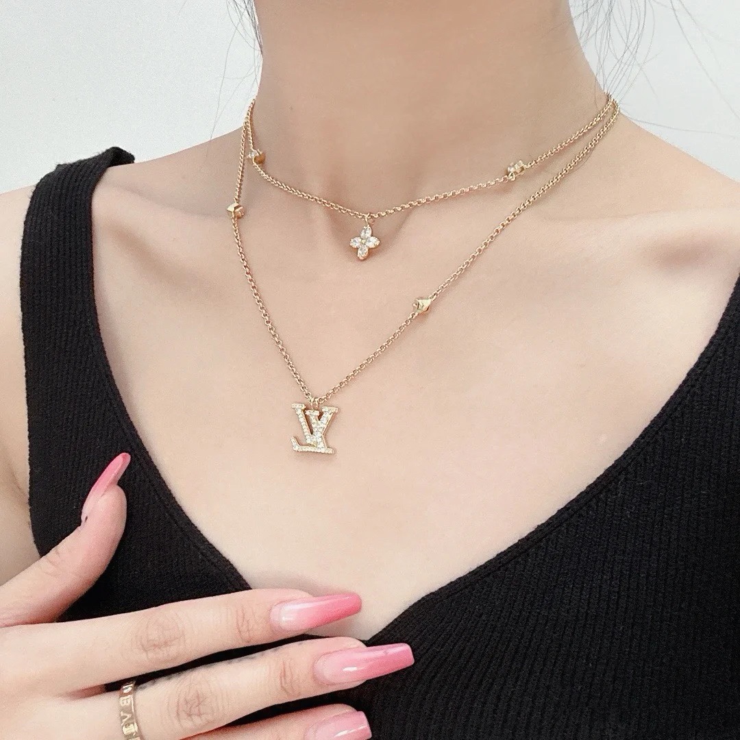 Louis Vuitton 2 Layers Diamond LV Monogram Pendant Necklace - Original Replica Club