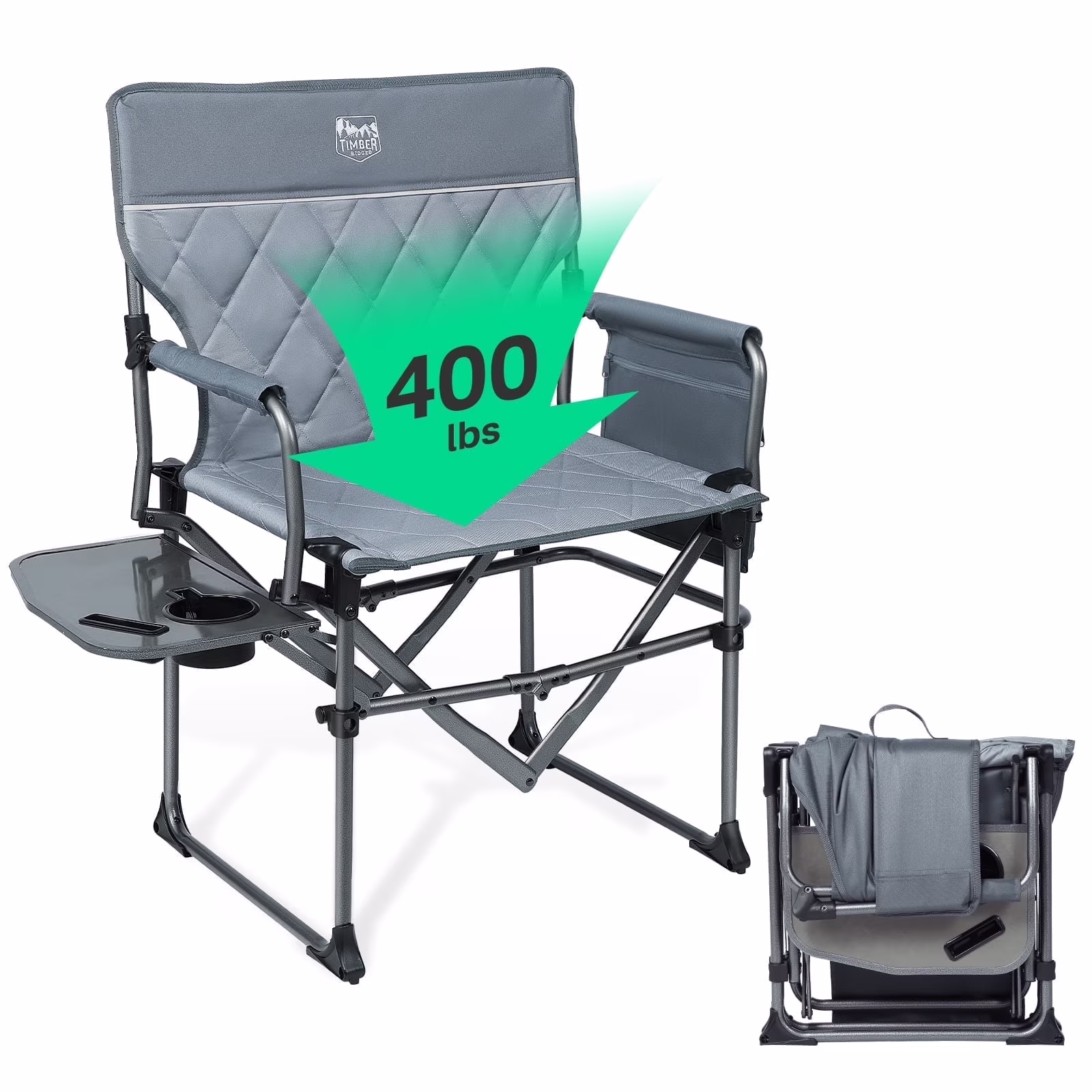 TIMBER RIDGE Portable Director Chair, Heavy Duty Camping Folding Chair with Compact Size with Side Pocket and Side Table, Support 400 lbs, Grey