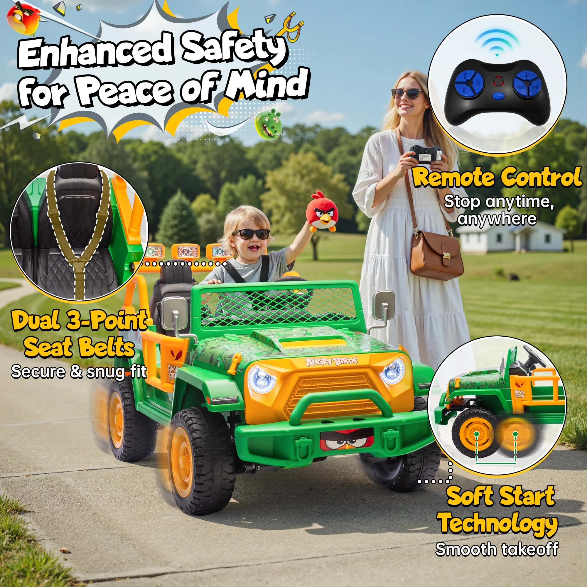 Joyracer 24 Volt Ride on Toys for Big Kids, Licensed Angry Birds Ride on Truck with Remote, 2 Seater 4WD Electric Ride ons with Shovel, Bluetooth, Lights, Power Car Wheels for 3-8, 130lbs, Green - Image 6