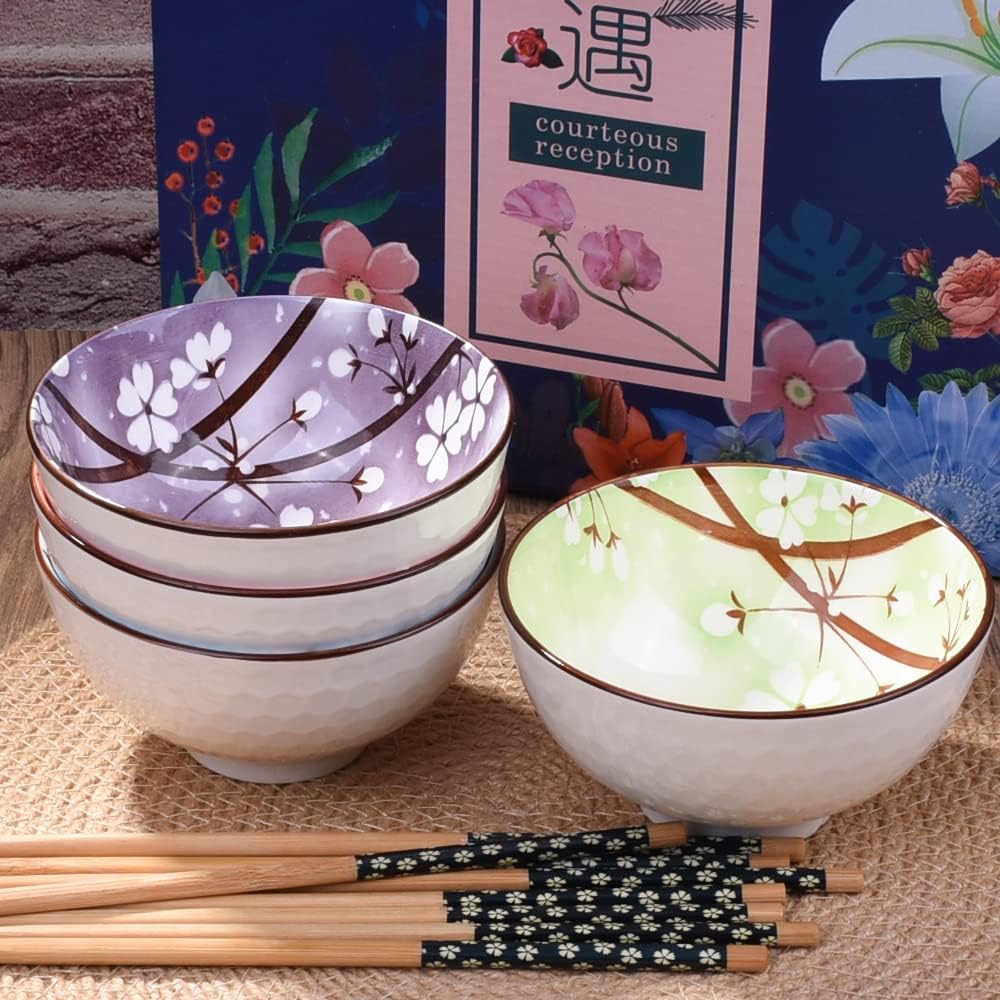 4-Piece Ceramic Rice Bowl Set with Chopsticks – 4.5