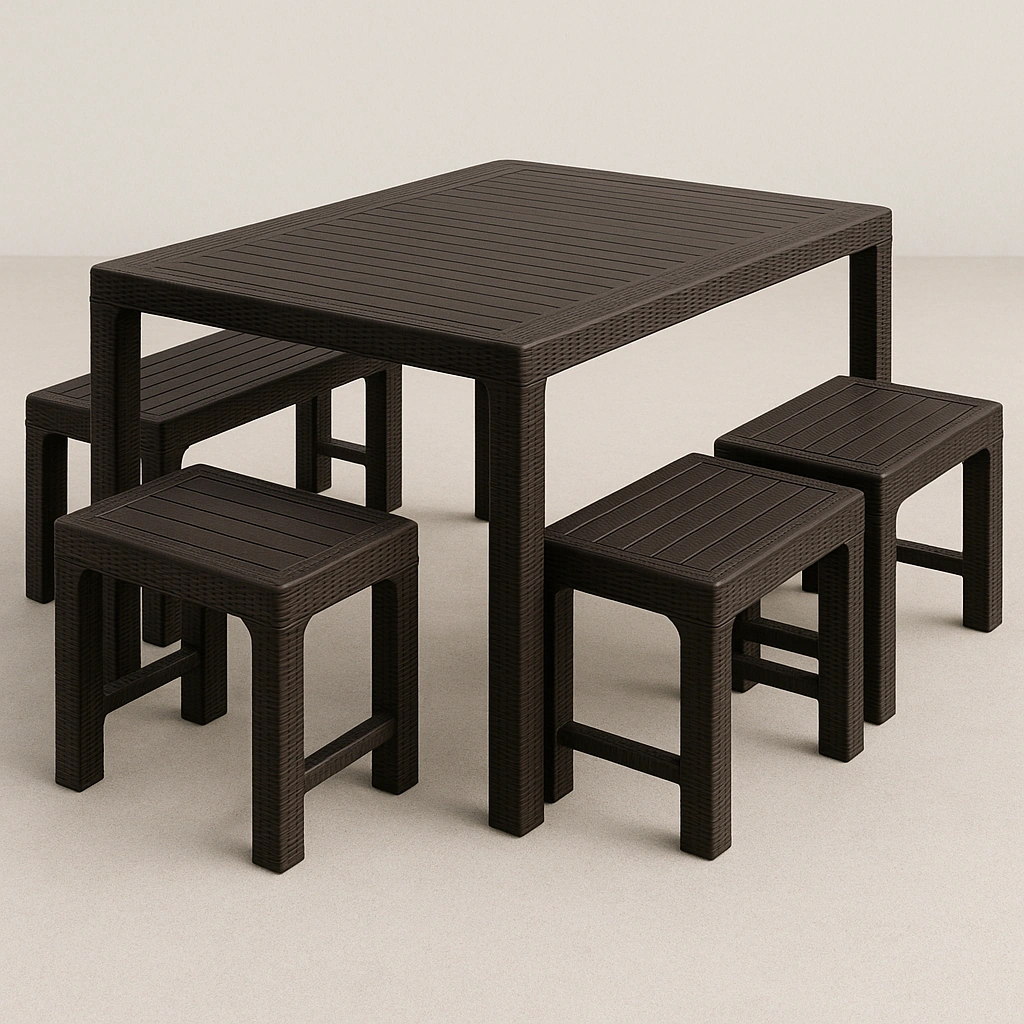 Conjunto mesa y bancos marrón resina jardín terraza