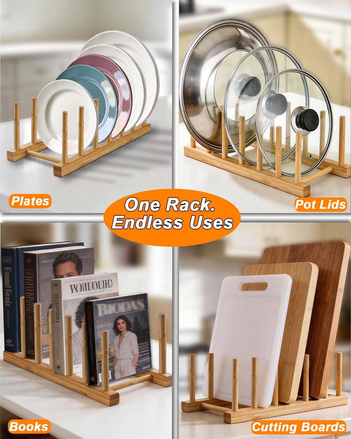 Bamboo Dish Rack, Stylish Vertical Wooden Plate Holder & Drainer, Multi-Purpose Kitchen Cabinet Organizer for Dishes, Pots, Lids, Bowls, Cups & Cutting Boards
