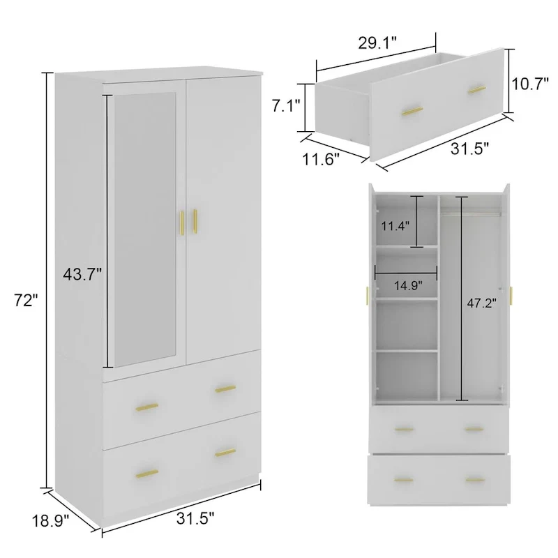 Modern Wardrobe Armoire with Mirror Door Hanging Rod and Drawers