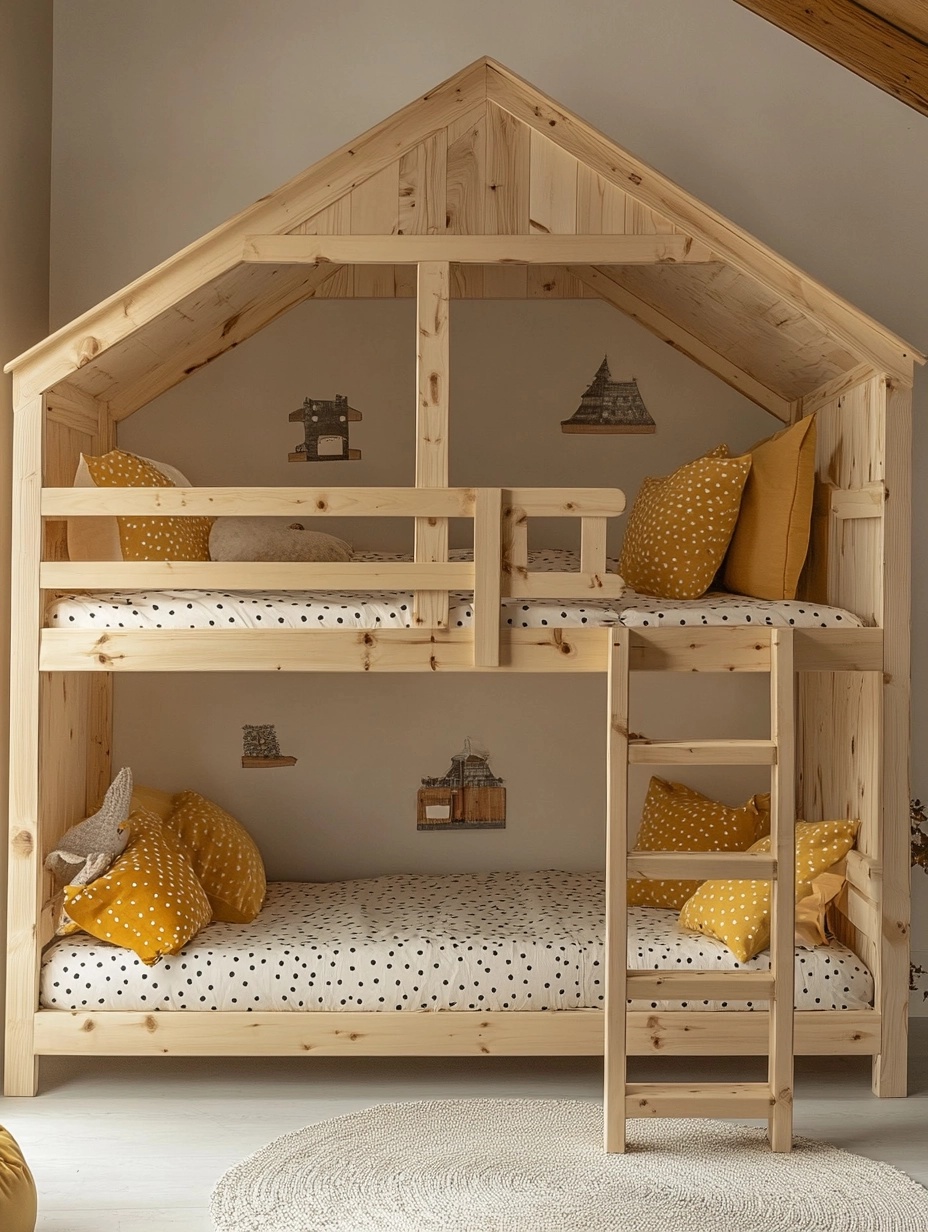 Litera cabaña forma cabaña Madera de pino natural para dormitorio infantil,203x204x120,5 cm