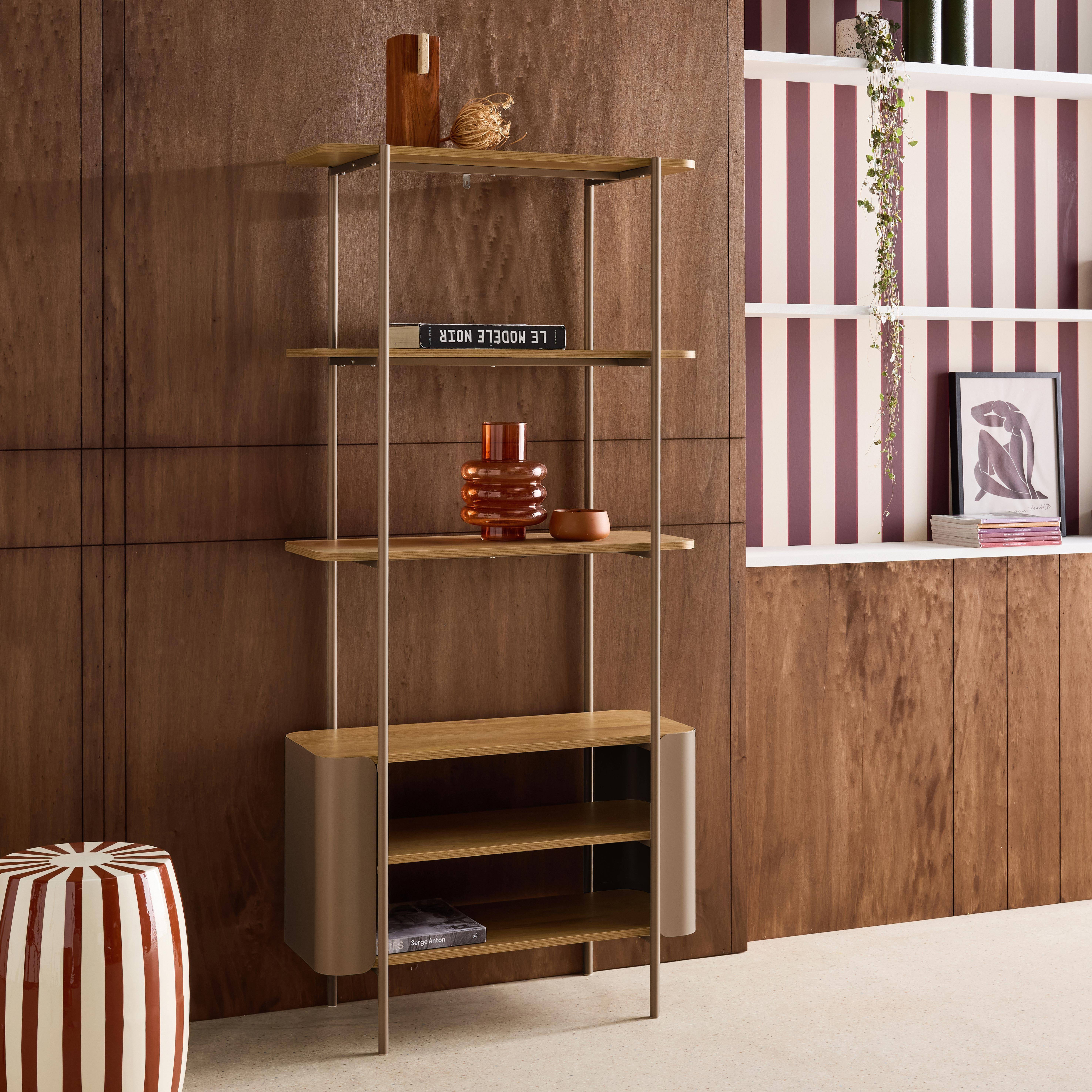 Molto - Estantería biblioteca de metal curvado y decoración de madera, 6 niveles