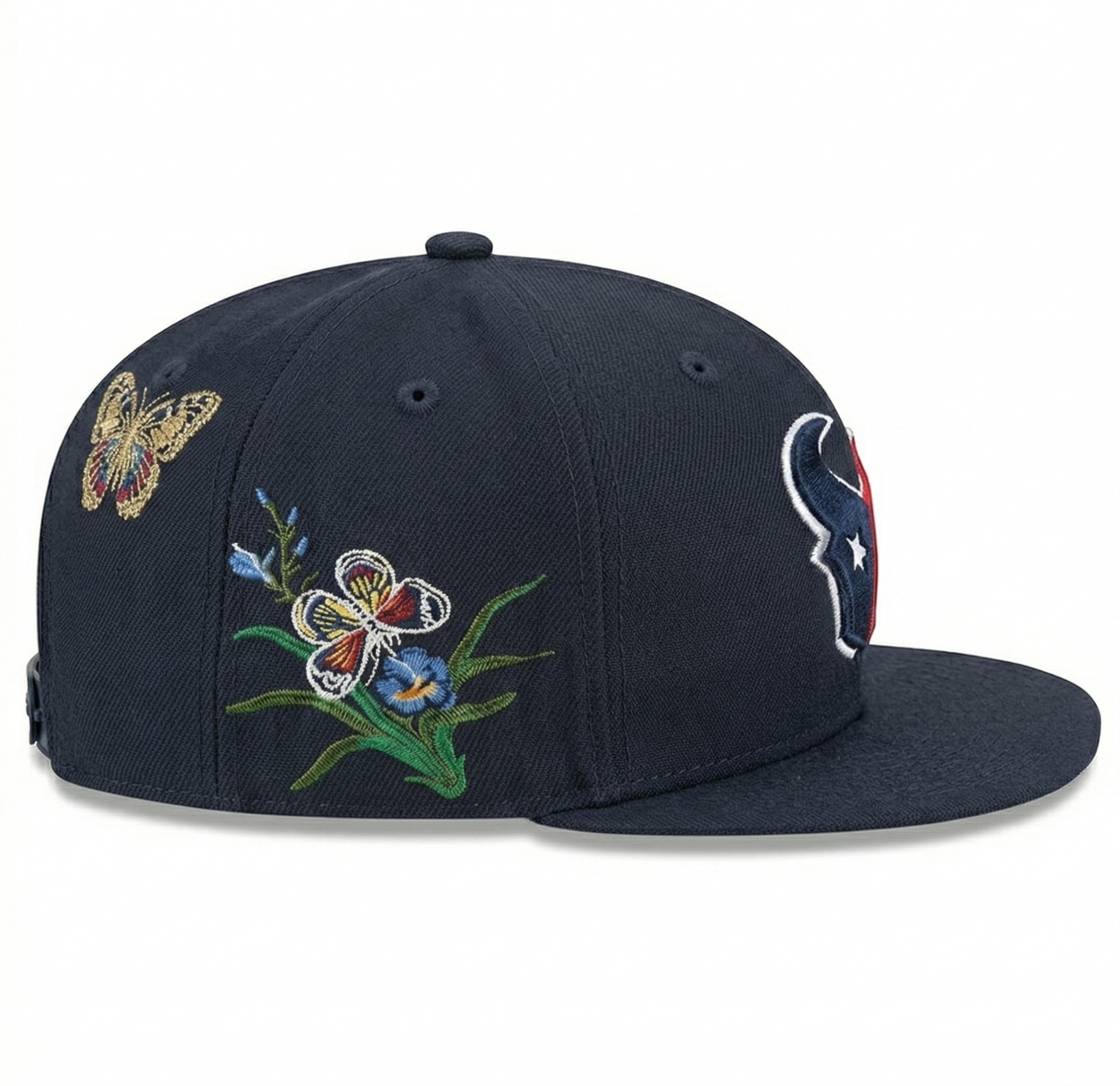 Side profile of custom Houston Texans hat showing detailed botanical flower and twin butterfly embroidery