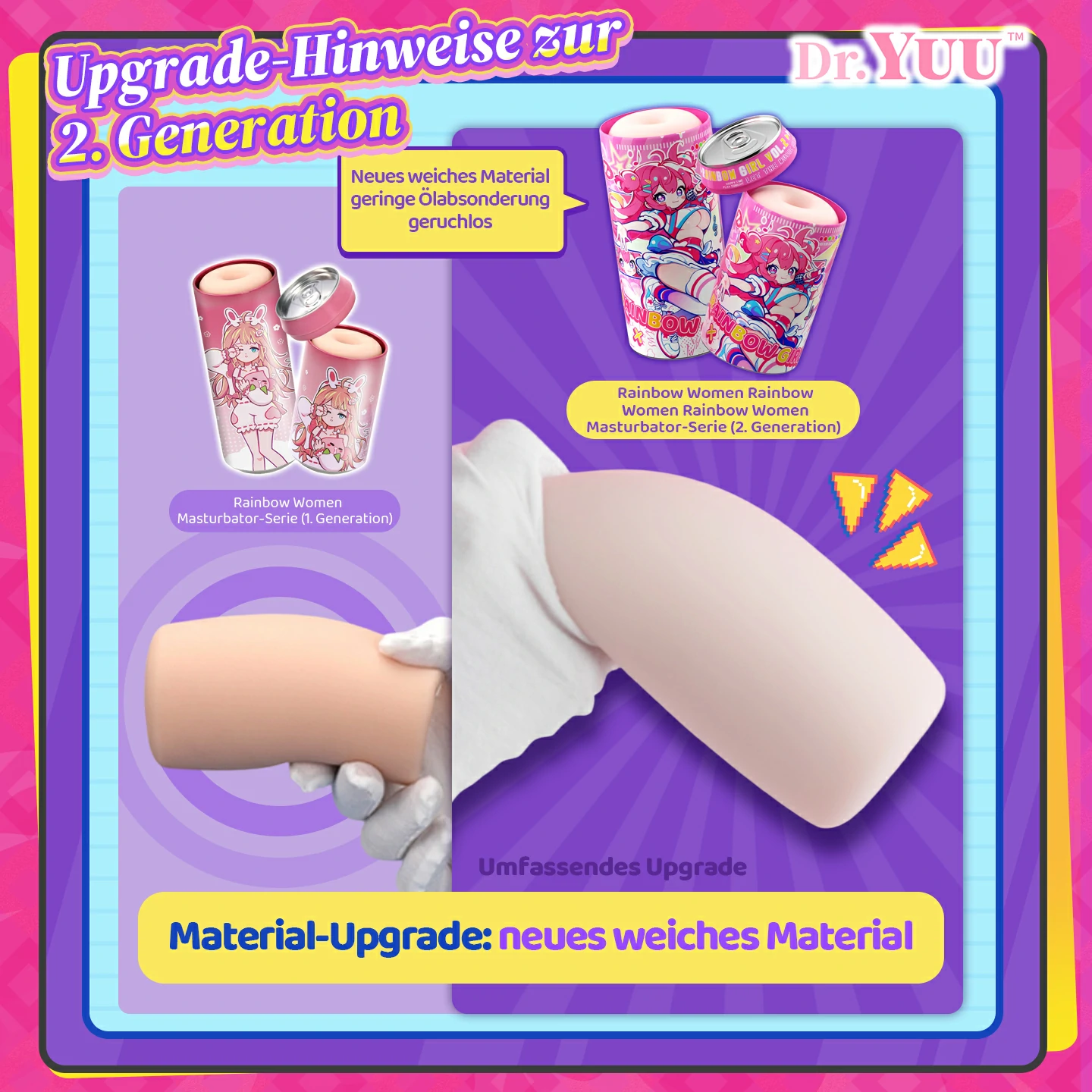 Vierstufige Anleitung für den Dr.YUU Rainbow Women Masturbator: Dose öffnen, weichen Einsatz entnehmen und Gleitmittel auftragen