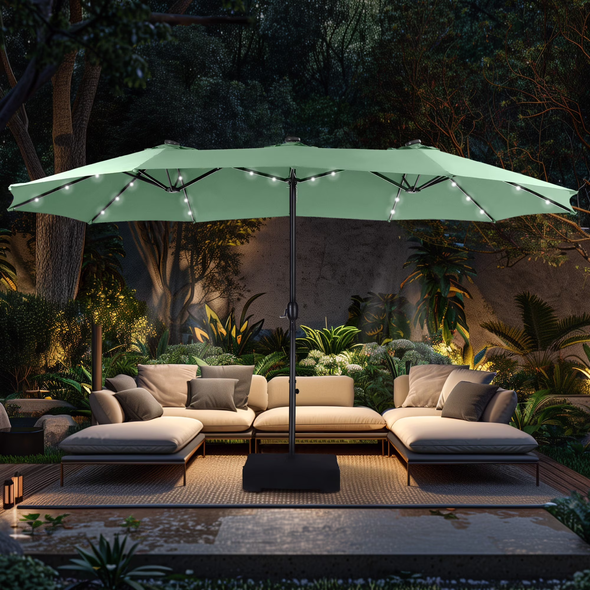 Alpha Joy 15ft Extra Large Outdoor Patio Double-Sided Umbrella with LED Solar Lights & Umbrella Base, Beige - Image 17