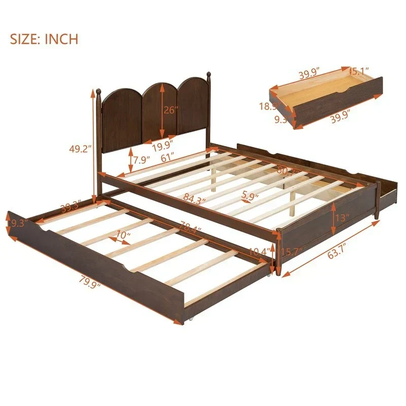 Queen Size Platform Bed with Vintage Headboard - Multifunctional Storage Frame Featuring Twin XL Trundle & 2 Drawers