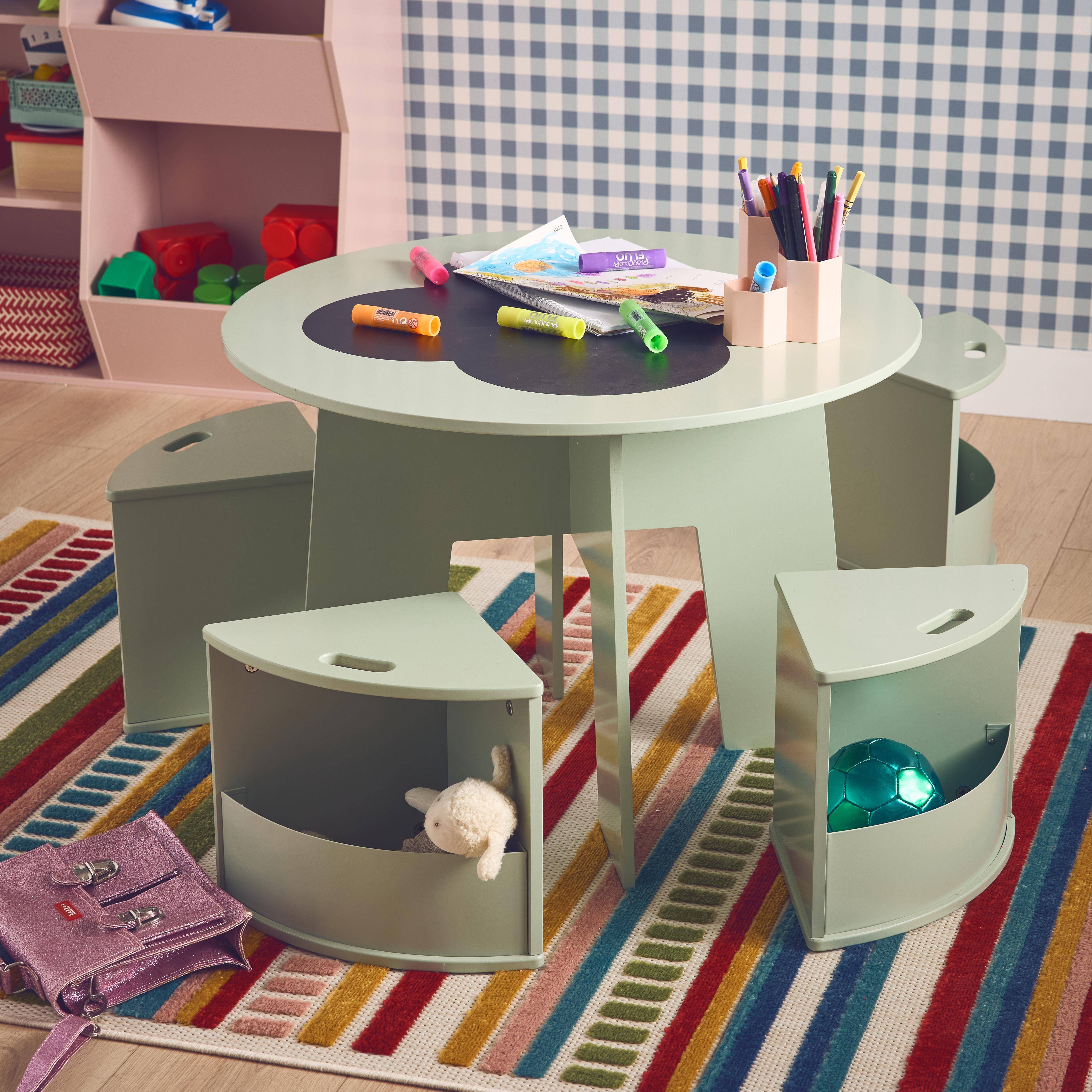 Nephos - Mesa con pizarra y 4 sillas con almacenaje para niños