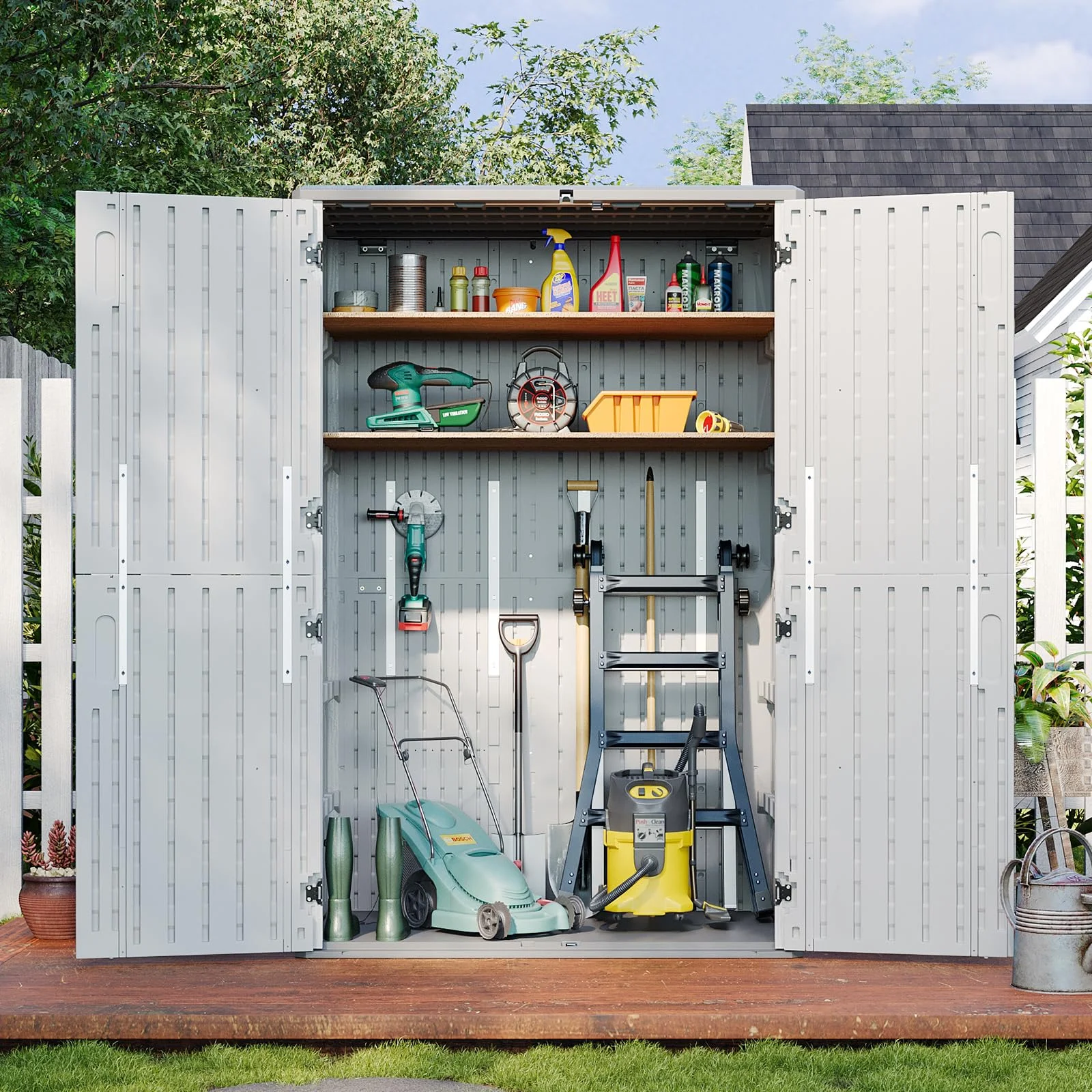 Aoxun Outdoor Storage Shed, 64 Cu.Ft Vertical Storage Sheds Outdoor with Floor, Outdoor Waterproof Storage Cabinet for Garage Storage, Pool Storage, Bike Shed, Garden Shed, Outdoor Storage(White) - Image 4
