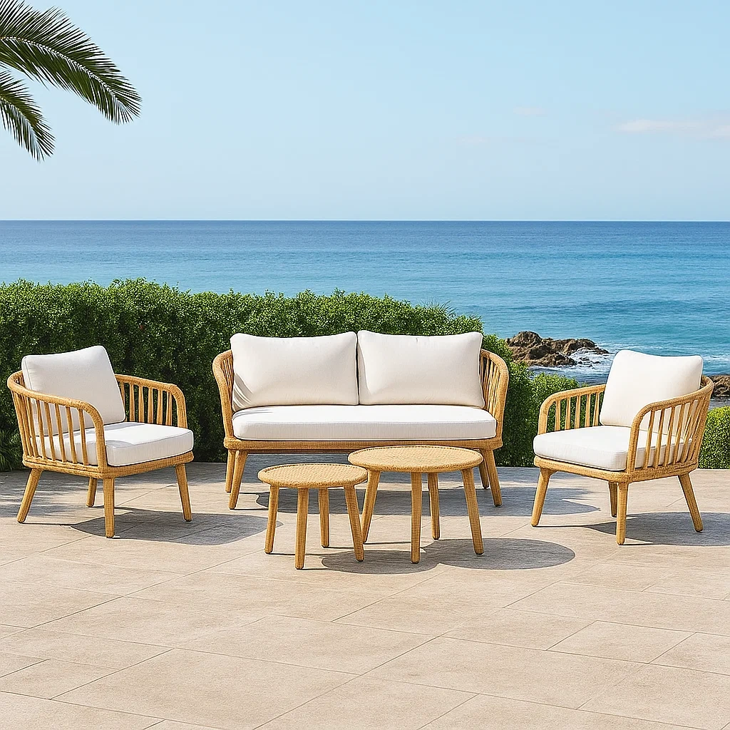 Muebles de salón para jardín 4 asientos,ratán sintético natural,sofá de 140x75x75 cm,sillas de 70x70x75 cm,mesa redonda diámetro 60x40 cm,mesa auxiliar diámetro 30x35 cm,cojines blancos,instalación exterior para patio o terraza - LHTifHgehLMv