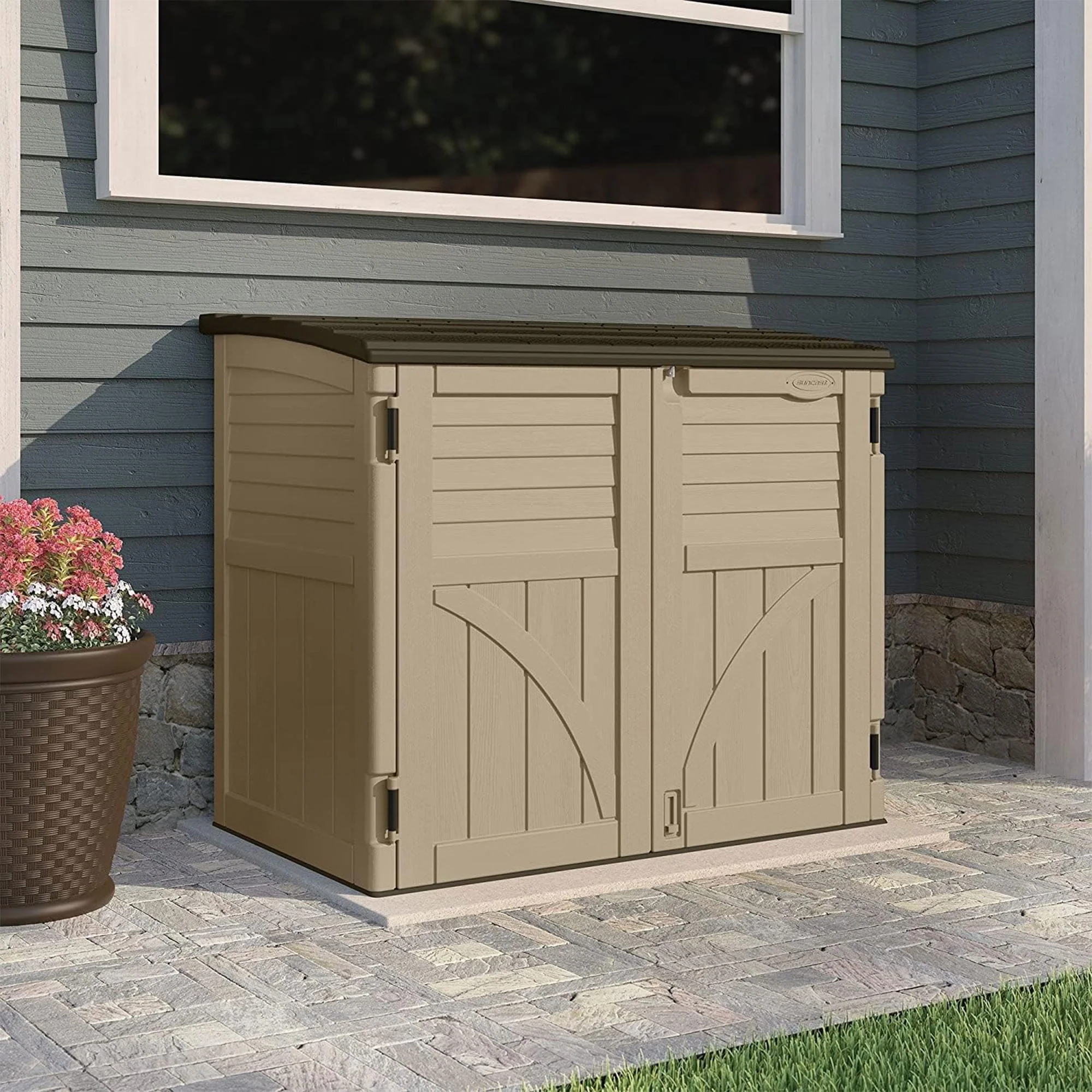 Suncast 34 Cubic ft Horizontal Compact Outdoor Storage Shed, Sand - Image 10