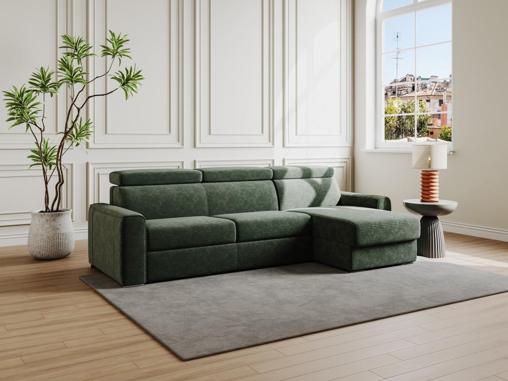 Sofá cama esquinero reversible tipo italiano de pana verde - 160 cm de descanso - Colchón de 18 cm - VIZIR