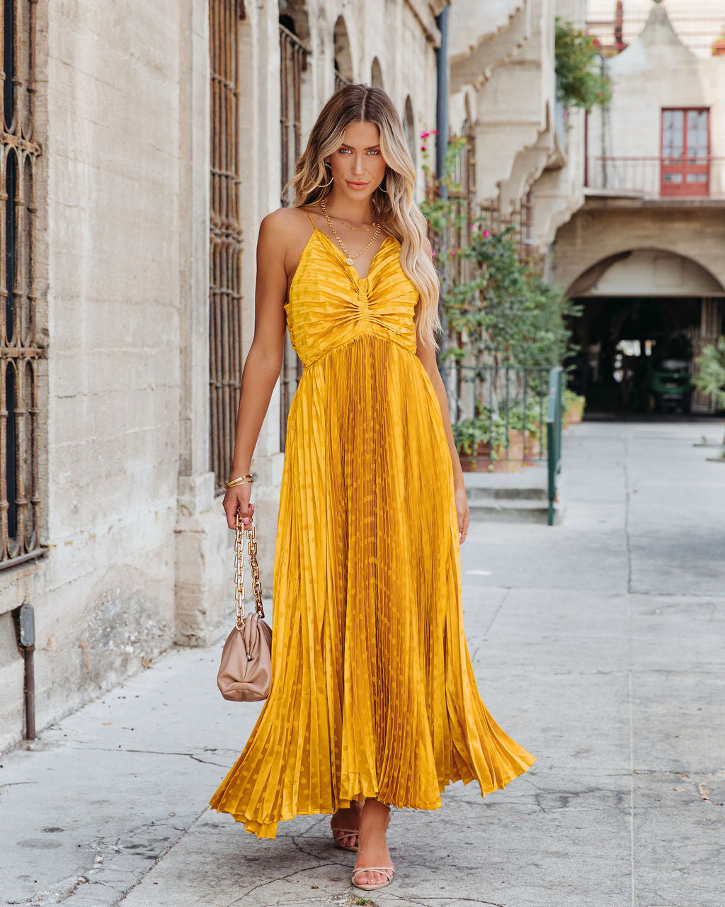 Marilynn Pleated Polka Dot Maxi Dress - Marigold - SALE - Se7enfashion