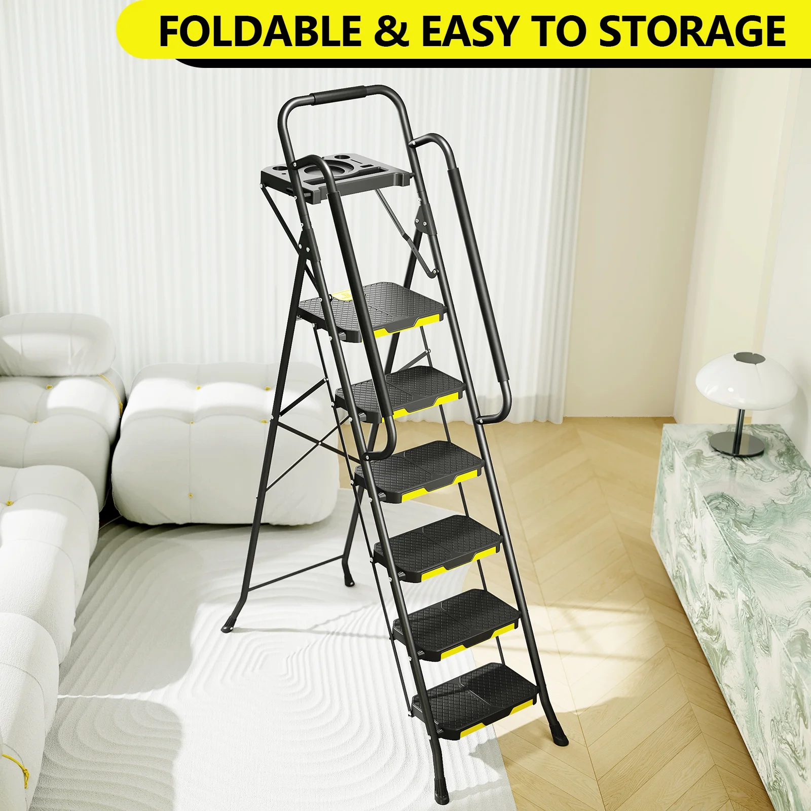 KK KINGRACK 6 Step Ladder, Metal Ladder with Tool Platform&Handrails, 800 lbs Capacity, Black - Image 6