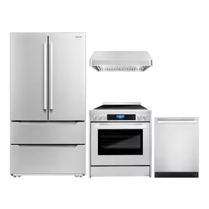 Cosmo 4 Piece Kitchen Appliance Package with 30" Freestanding Electric Range 30" Under Cabinet Range Hood 24" Built-in Integrated Dishwasher & French Door Refrigerator Kitchen Appliance Bundles