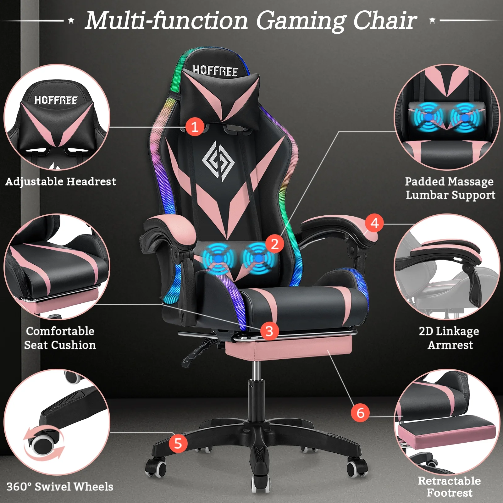 Hoffree Gaming Chair with Speakers PU Leather Office Chair with Footrest and LED Lights Ergonomic Gamer Chair with Massage Lumbar Support and Headrest Adjustable Swivel for Home Office 300lb - Image 21
