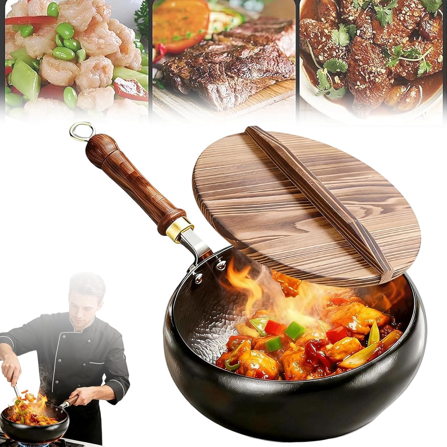 Uncoated Thick Iron Pot, Hand-Forged Japanese Cast Iron Pan with Lid, Non-Stick After Seasoning, Versatile Deep Wok for Frying & Searing, Induction Compatible Cookware (Glass cover,11in)