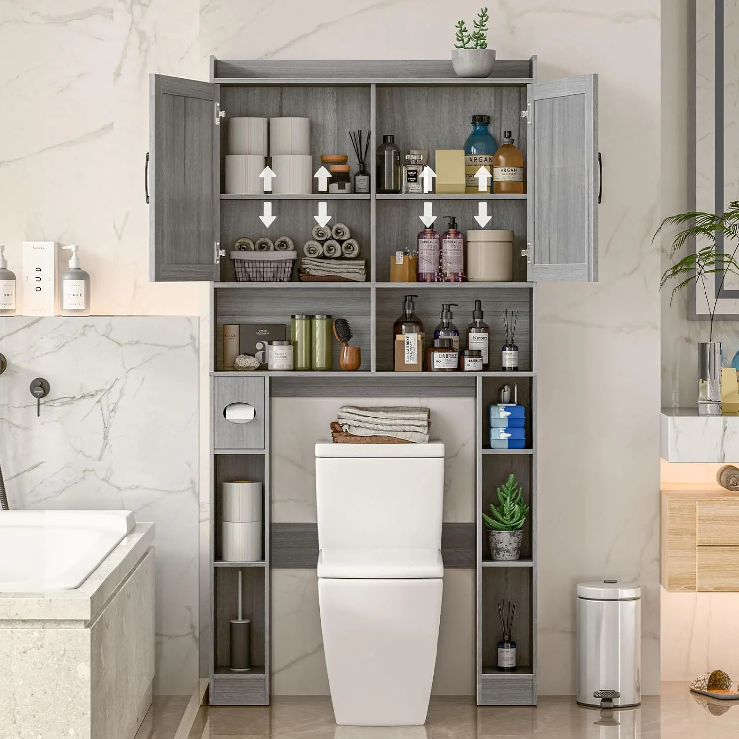 Vabches Over The Toilet Storage Cabinet with Toilet Paper Holder Stand, Above Toilet with Adjustable Shelf & 2 Doors - Image 11
