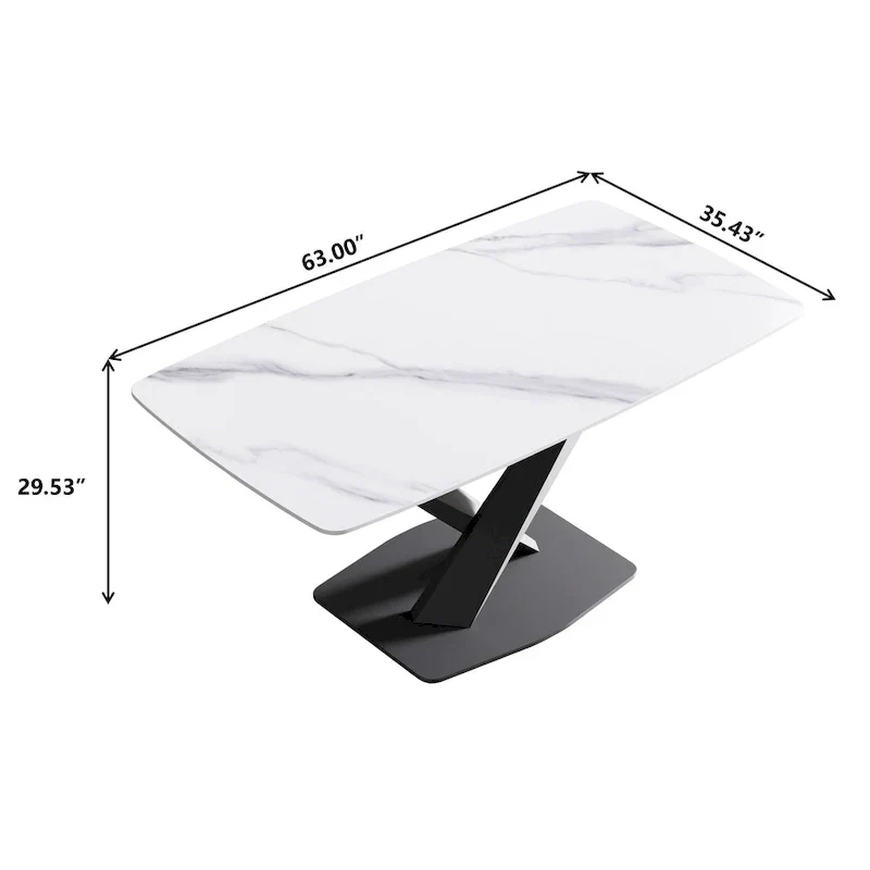 63-Inch Contemporary Dining Table with Slate Stone Surface and Metal Legs, Marble Finish
