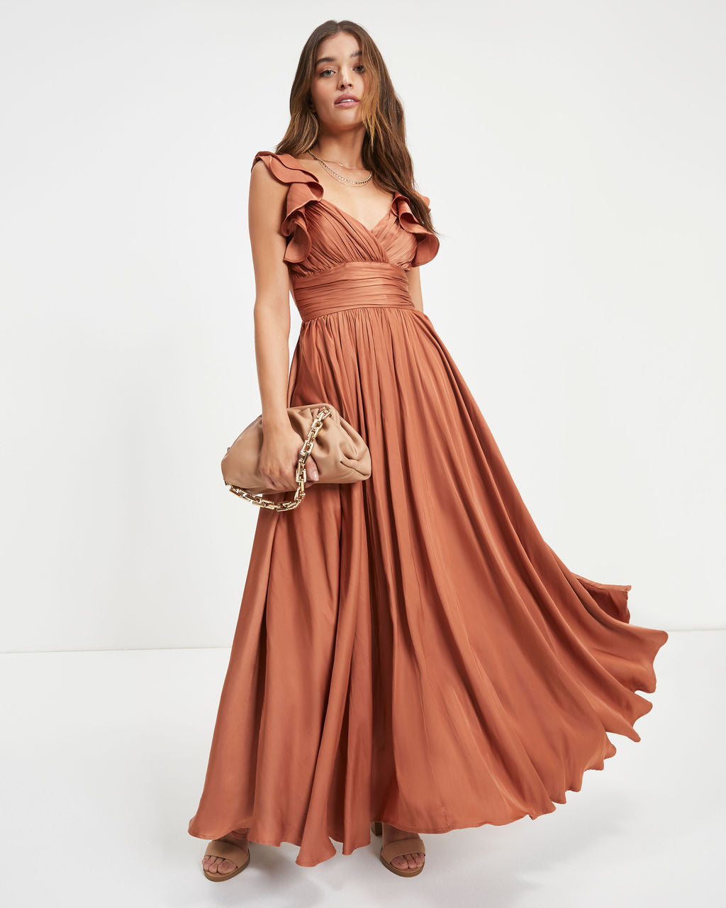 First Class Satin Ruffle Cutout Maxi Dress - Dusty Rust - Se7enfashion