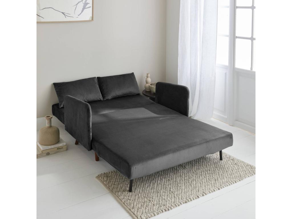 Sofá cama de terciopelo con patas de madera, 2 plazas gris oscuro