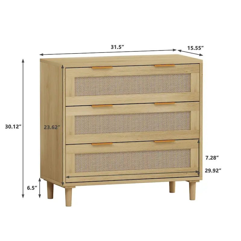 Oak Storage Cabinet with 3 Rattan Drawers - Dimensions: 31.5L x 15.55W x 30.12H