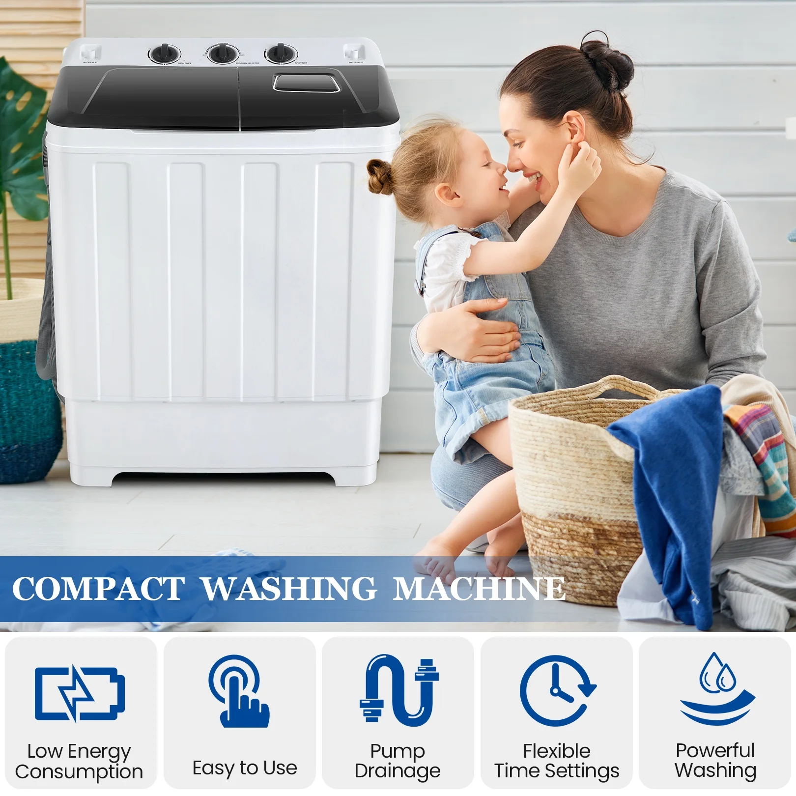 Qhomic Portable Washer 30lbs, 2-in-1 Twin Tub Washer & Dryer Combo Compact Semi-Automatic Washing Machine with Drain Pump, Black - Image 20