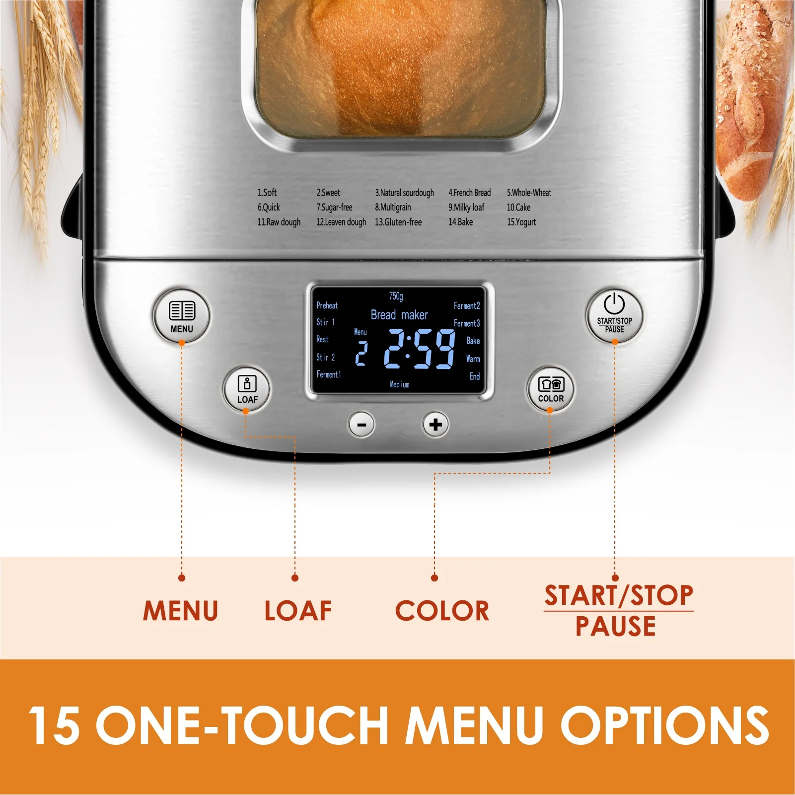 Kitchen in the box 15-in-1 Bread Machine, 2LB Stainless Steel Automatic Bread Maker with Recipes-Silver - Image 3