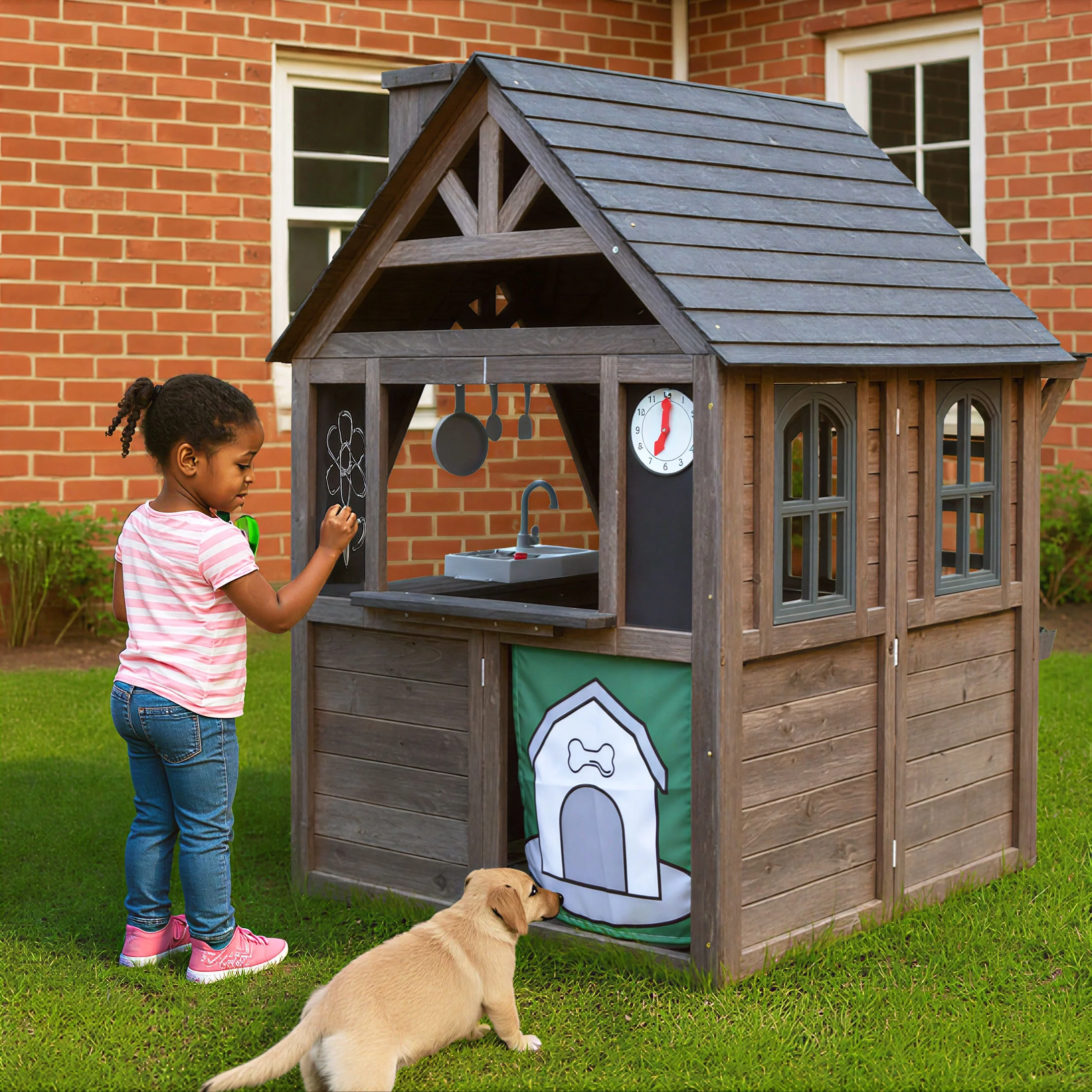 COCLUB Outdoor Playhouse for Kids Ages 4-8, Wooden Play House with Doorbell, Phone, Kitchen Toys, Outdoor Kids Play Equipment, Casa Para Ni?as (45-L x 65-H), White & Black - Image 21