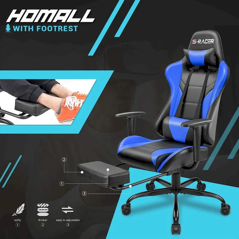 Ergonomic Gaming Chair with Footrest - Ideal for Desk Use