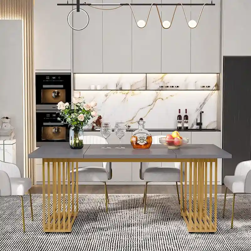 Modern Dining Table with Rectangular Top and Metal Base for 6 to 8 Seating