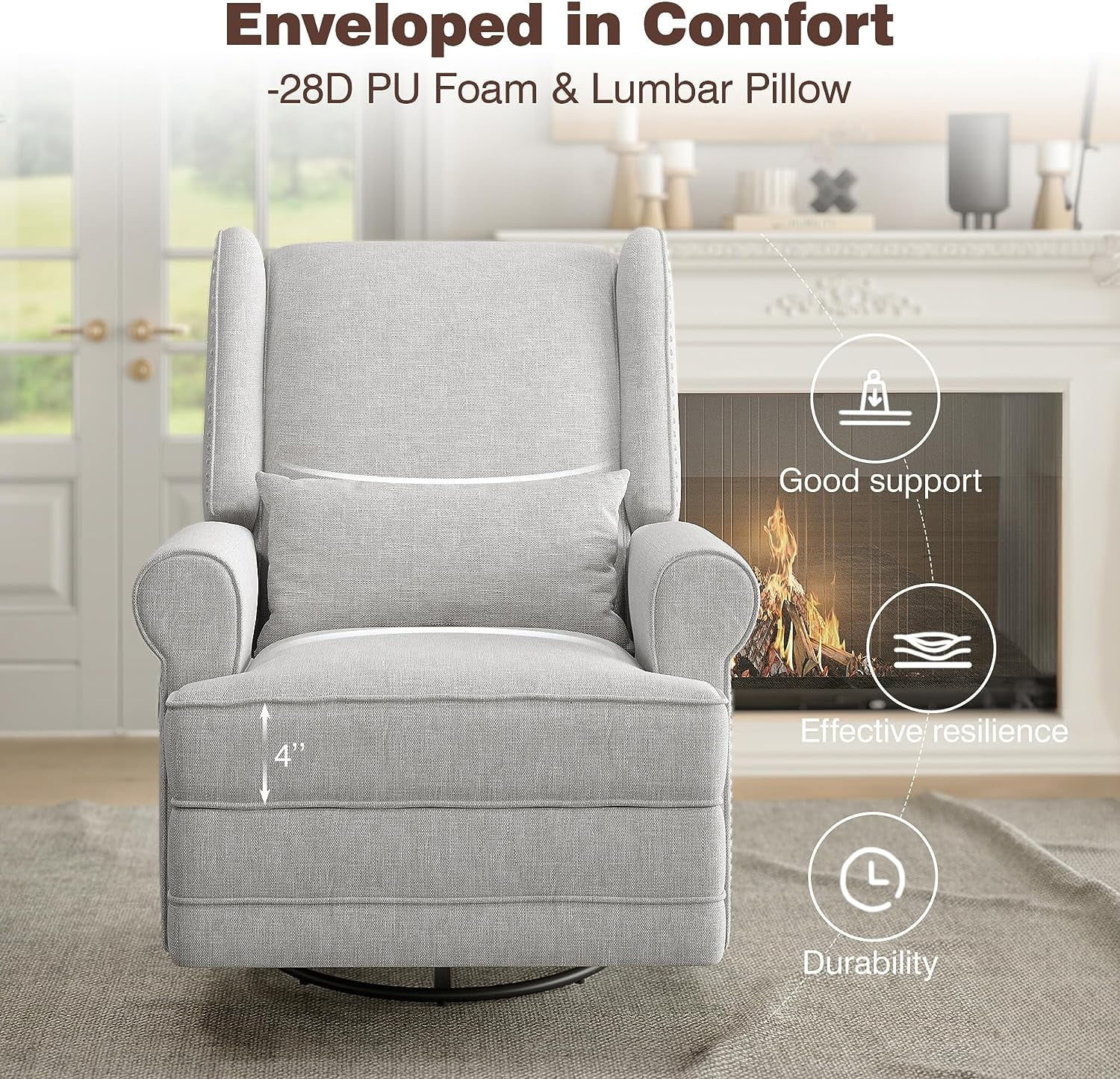 Royalcraft Swivel Nursery Glider Recliner, Comfy Upholstered Glider Chair with Lumbar Pillow and Footrest, Beige - Image 41