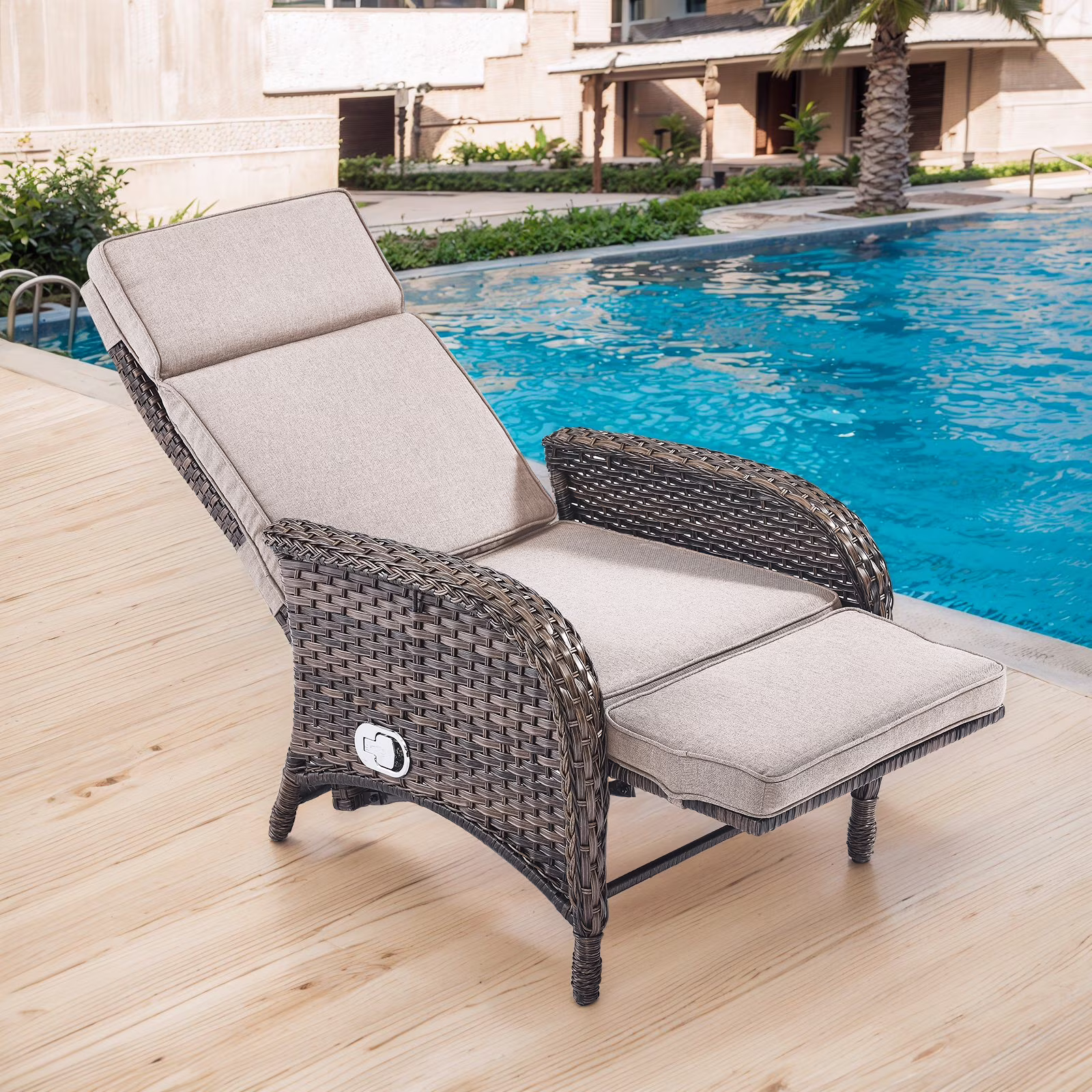 OPOHORO Outdoor Recliner Chair, Adjustable Reclining Patio Chair with Cushion, Wicker Outdoor Chaise Lounge with Adjustable Backrest and Footrest, Ideal for Pool Deck, Beige(Gray/2 PCS)