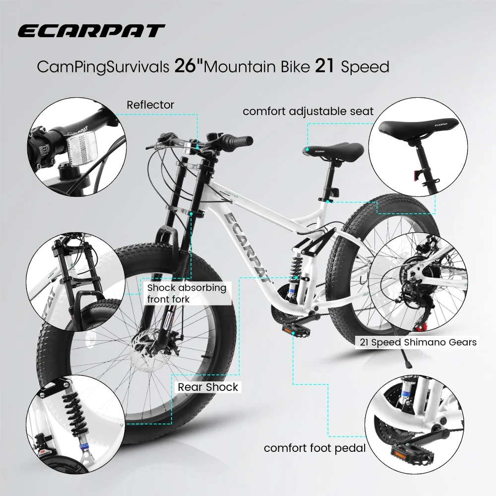 26 inch Mountain Bike for Men, 26*4" Fat Tire Mountain Bicycles,Full-Suspension 21-Speed Drivetrain with Disc Brakes - Image 8