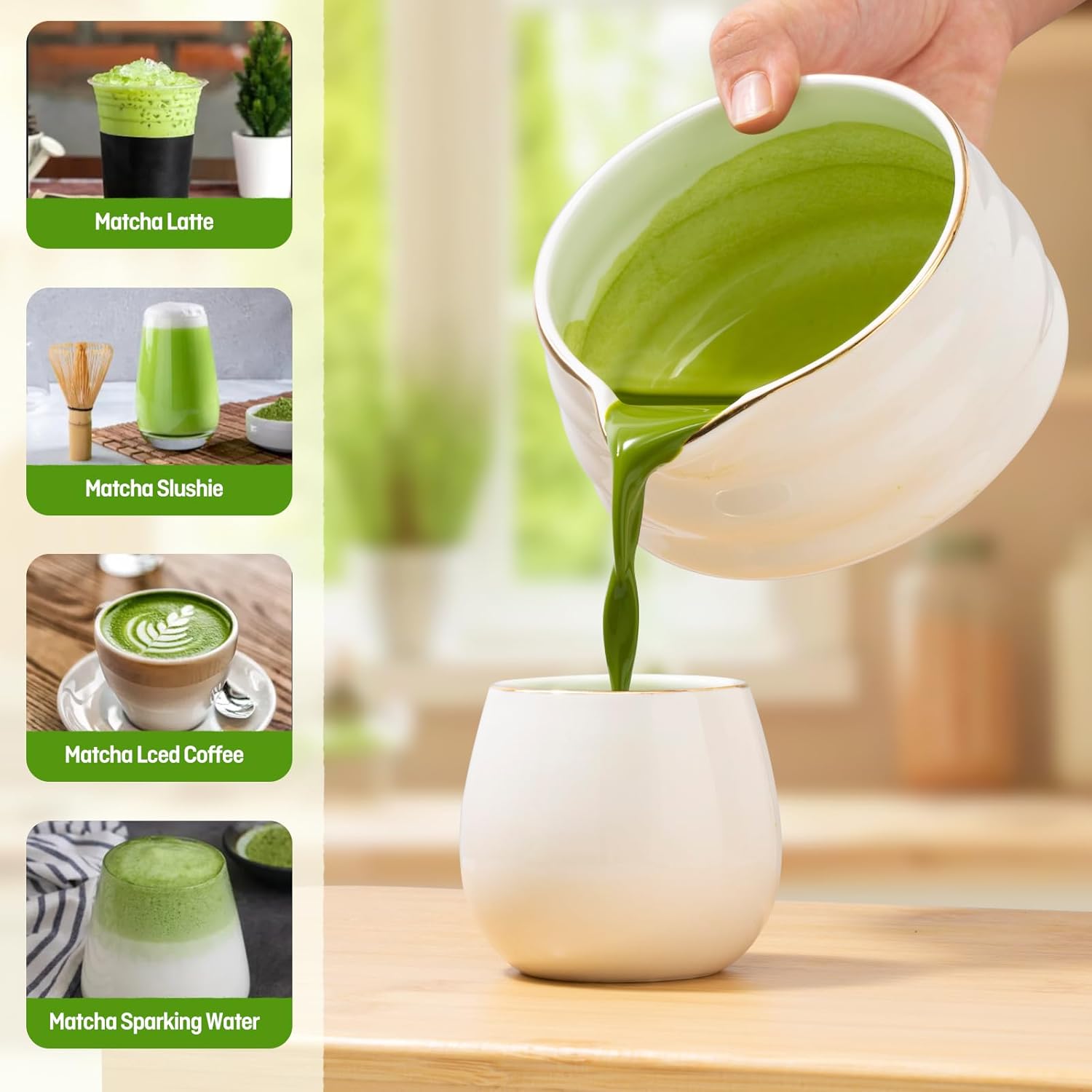 9-Piece Japanese Matcha Set, 18oz Ceramic Bowl with 2 Gold-Inlaid Cups, Handcrafted Bamboo Whisk, Sifter & Whisk Holder, Authentic Matcha Tea Making Kit for Beginners & Tea Lovers, Gift Box (White)