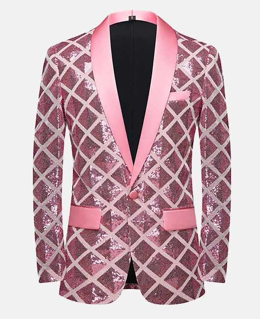 Elegant Plaid Sequin Shawl Lapel One Button Slim Fit Blazer