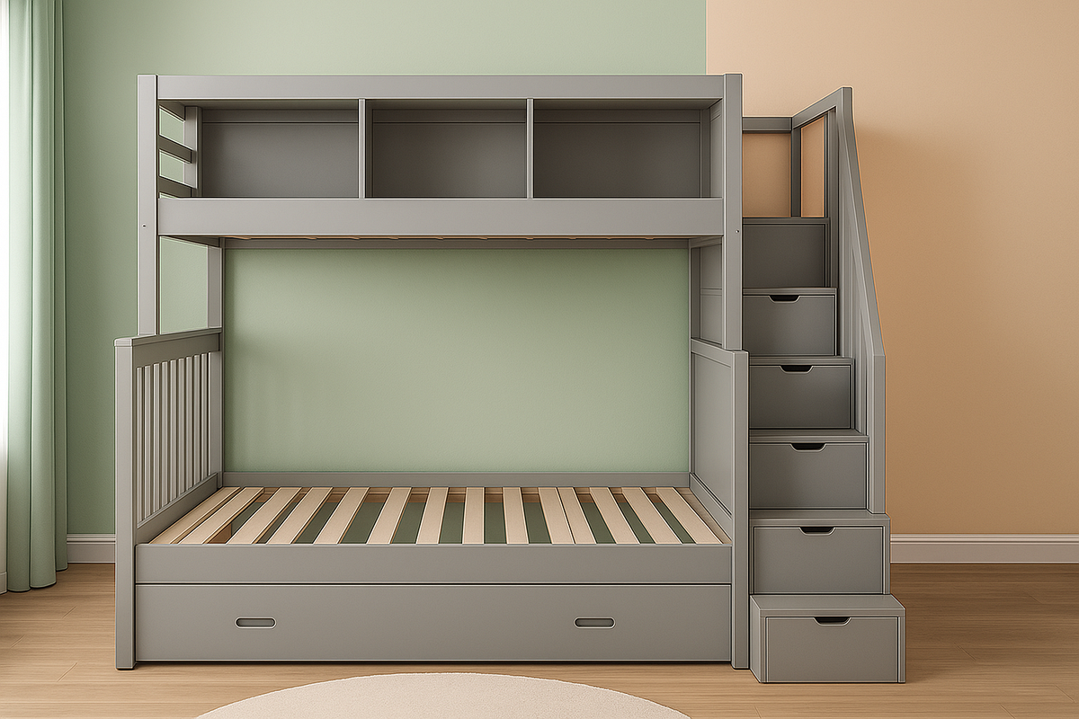Litera Infantil con Escalera y Almacenamiento Gris Madera Dormitorio 200x100x160