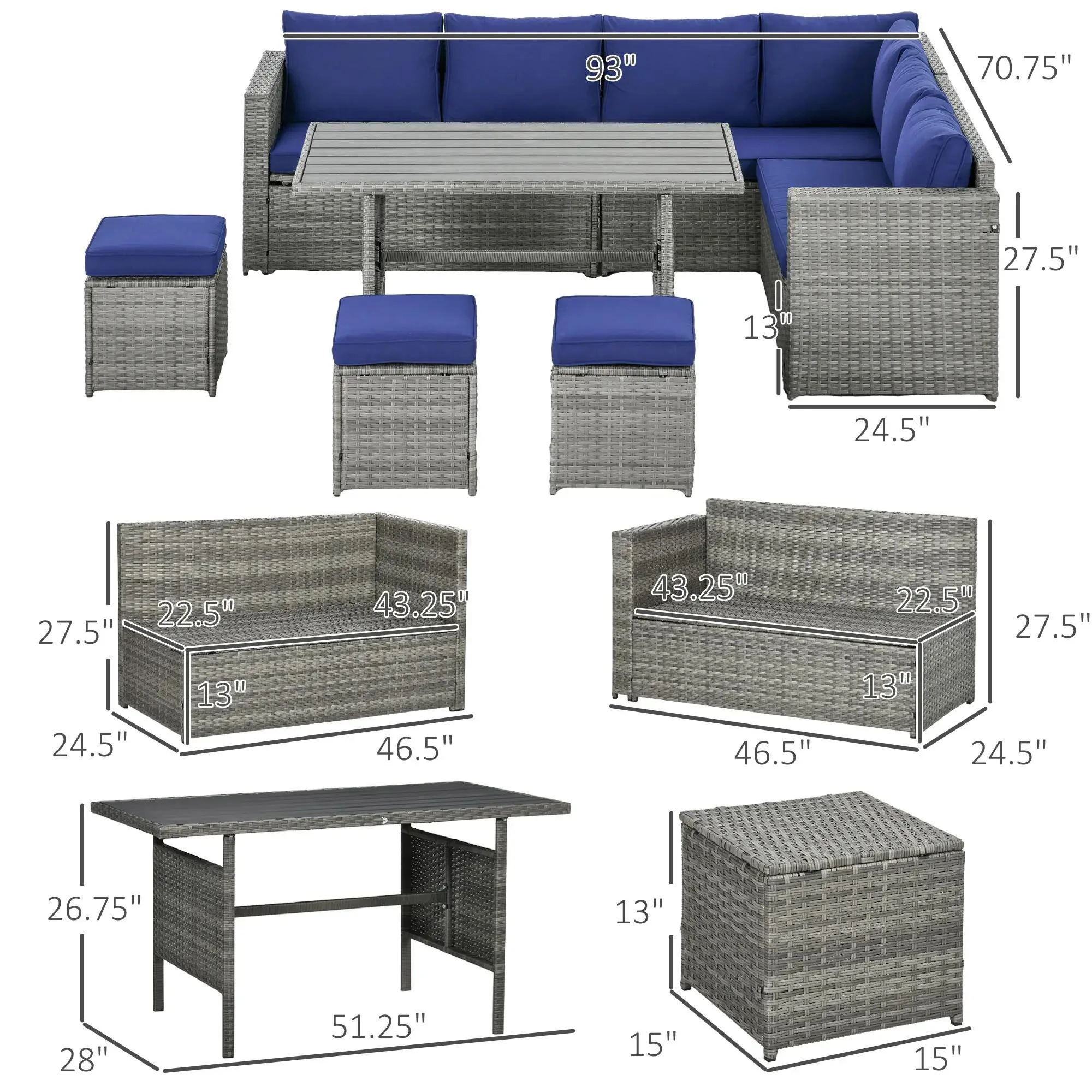 Resenkos Wicker Outdoor Patio Furniture Set, L-Shaped 7 Pieces Outdoor Dining Sectional Sofa, Gray - Image 21