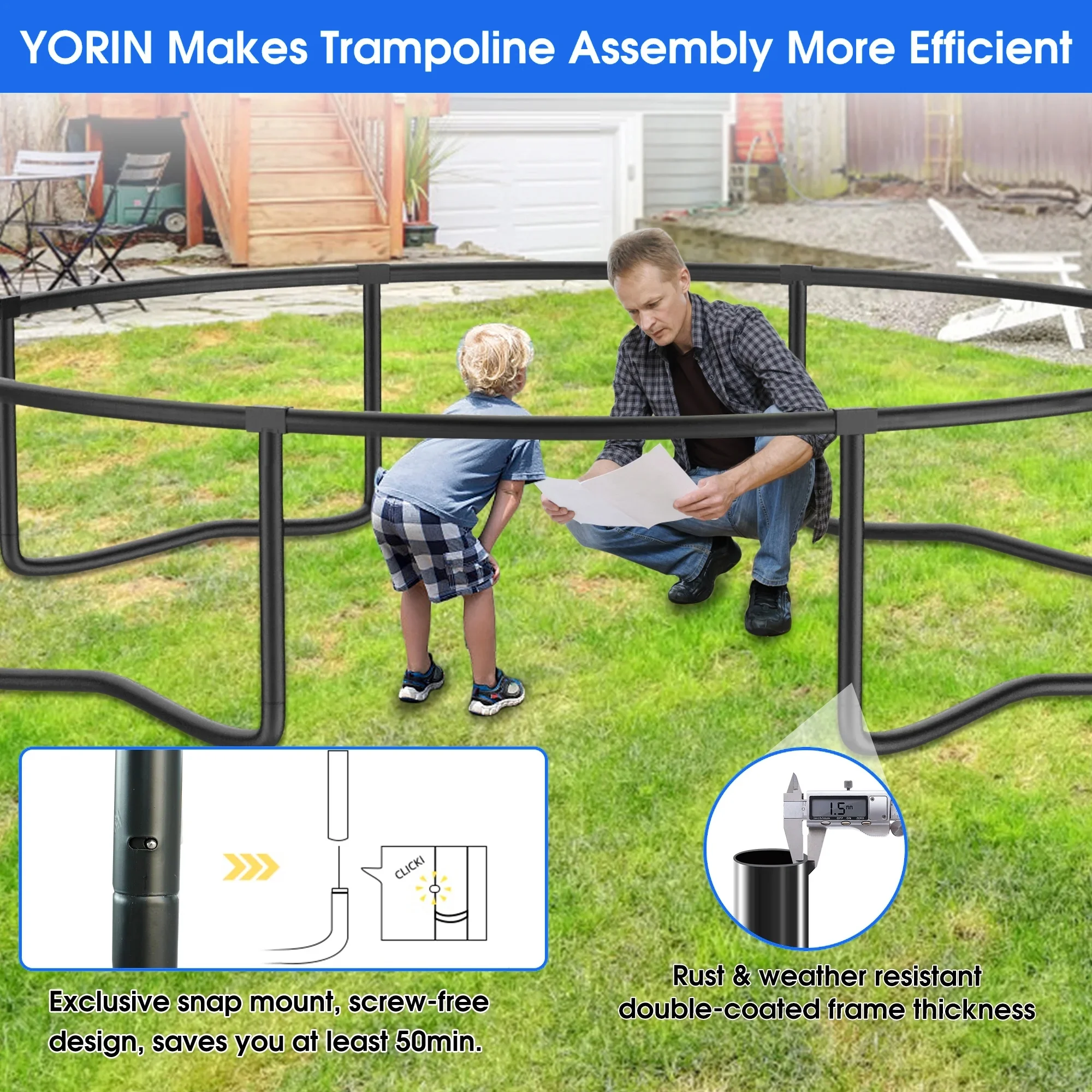 YORIN Trampoline with Trampoline Light, 1200LBS 12FT Trampoline for 5-6 Kids Adults, Recreational Trampoline with Basketball Hoop, Ladder, Galvanized Outdoor Heavy Duty Trampoline - Image 16