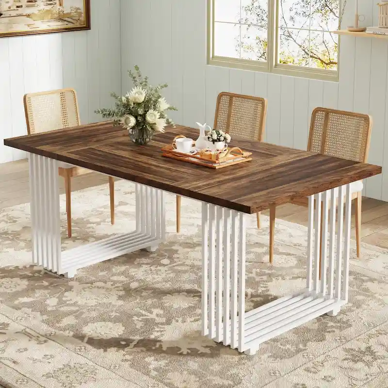 Modern Dining Table with Rectangular Top and Metal Base for 6 to 8 Seating