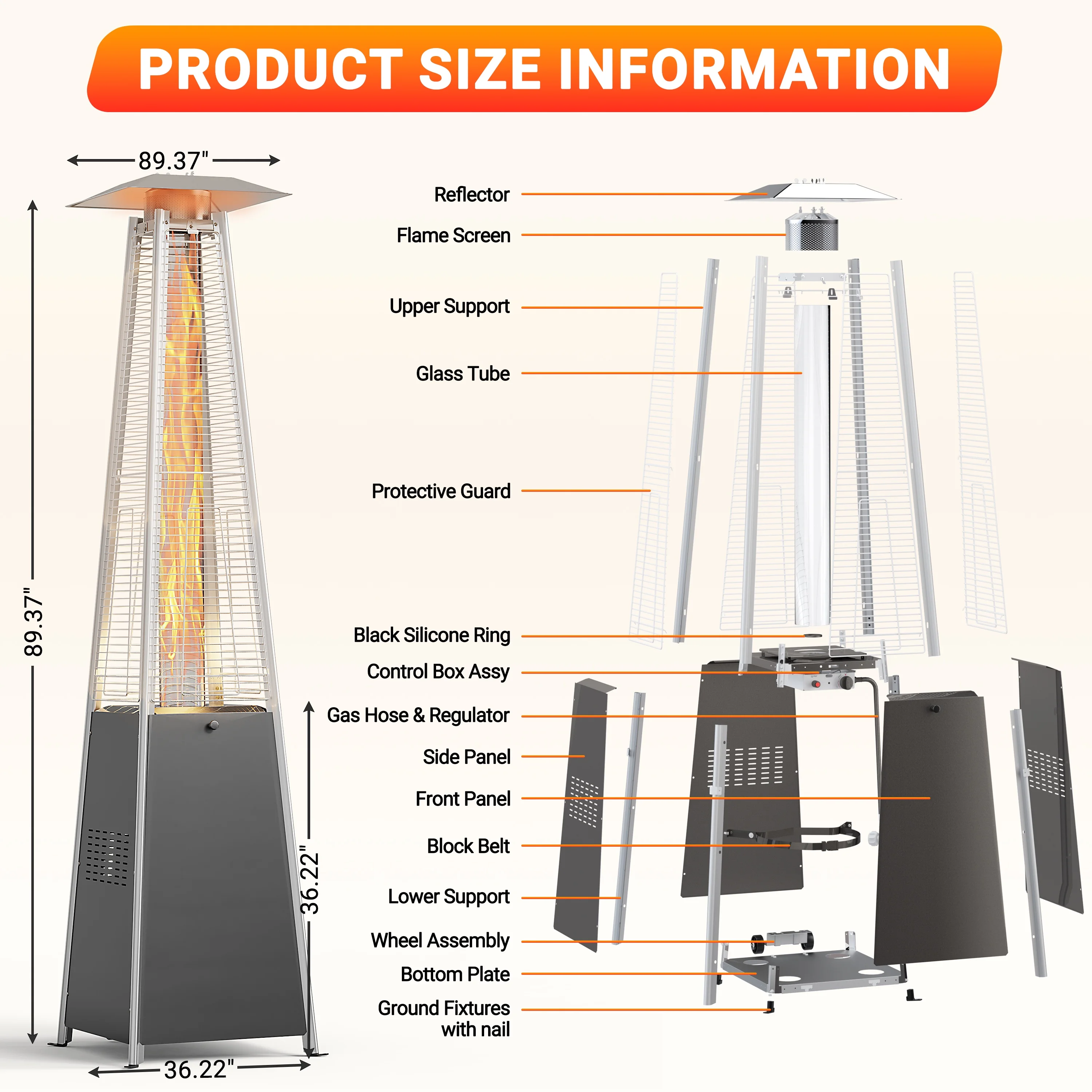 Segmart 48,000 BTU Pyramid Patio Heater, Tall Standing Outdoor Propane Heater with Wheels & Tip-Over Safety Protection, Visible Flame Glass Tube for Backyard, Garden, Commercial Use - Gray - Image 9