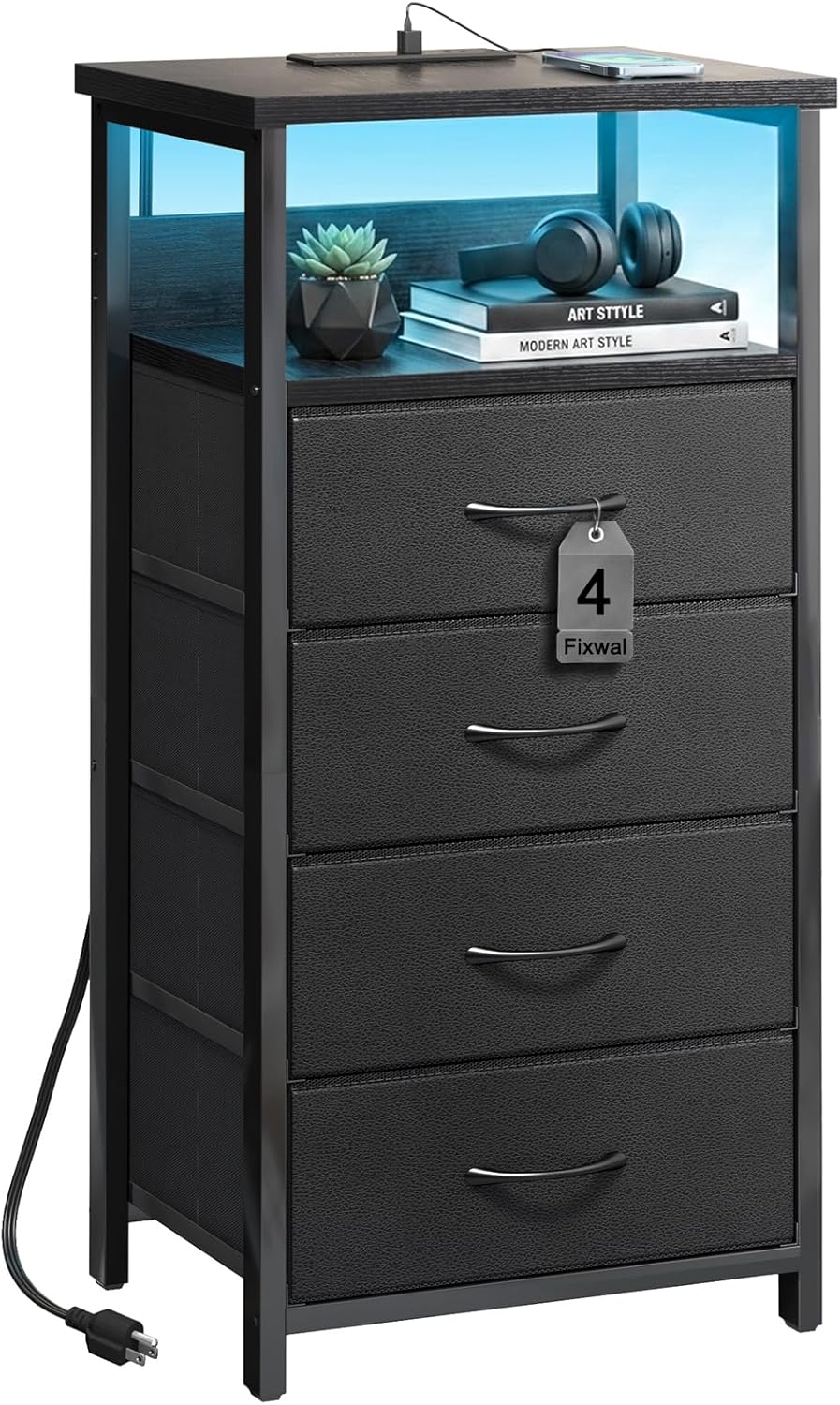 Black Tall Nightstand with Charging Station, 4 Fabric Drawers, RGB LED & Open Shelves - Image 3 Black Tall Nightstand with Charging Station, 4 Fabric Drawers, RGB LED & Open Shelves - Image 3