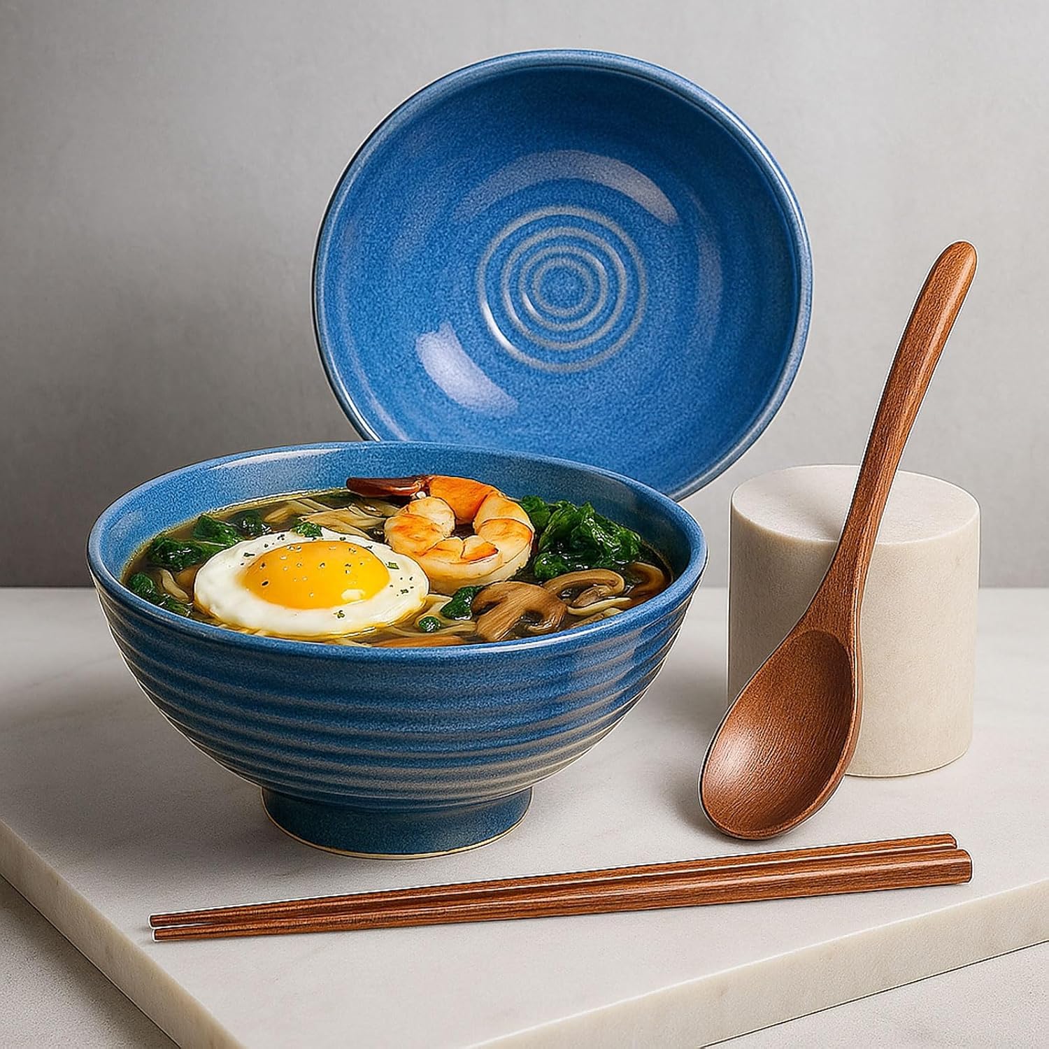 2x Ceramic Ramen Bowls - 40 oz - 20cm - With Spoon and Chopsticks for Ramen Soup Pho Udon Asian Noodles, Large Noodle Bowls (Blue glaze 2 sets)