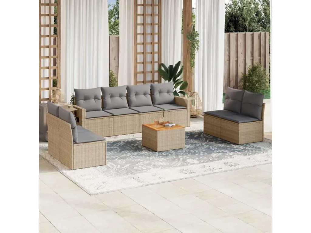 Set de sofás de jardín 9 pzas con cojines ratán sintético beige 93135ZPNX